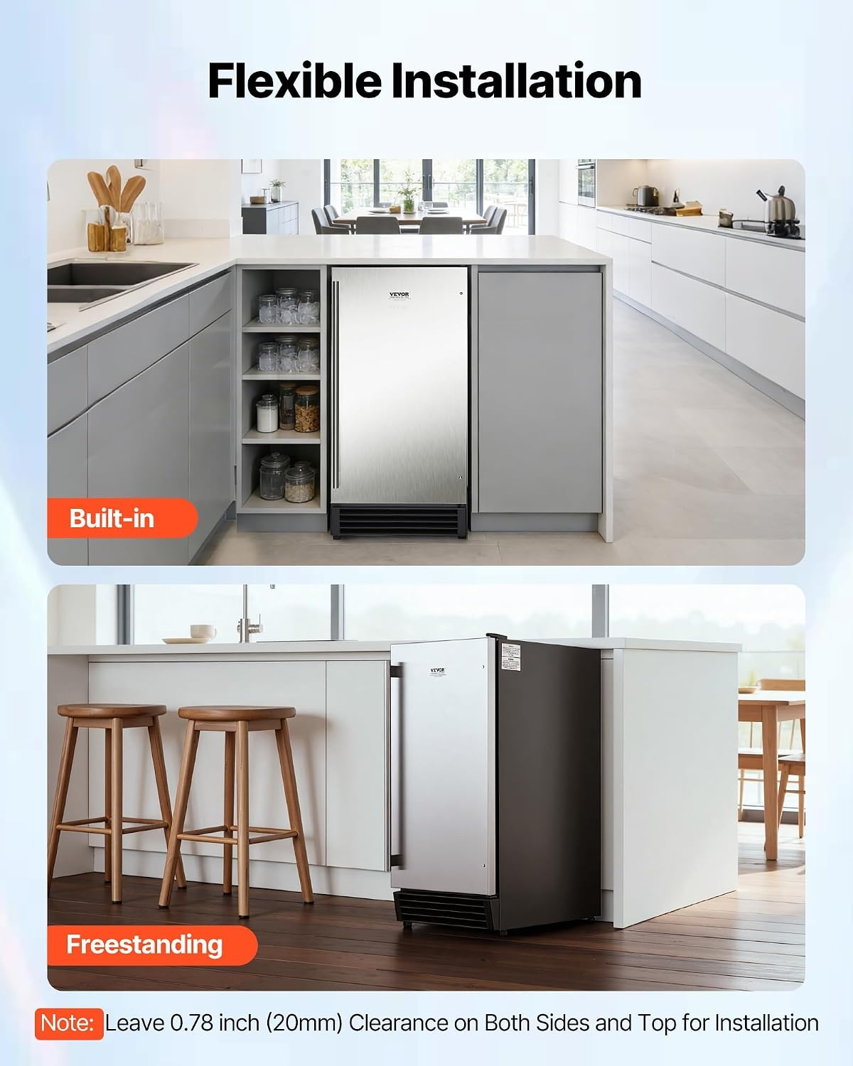 image:imageVEVOR Undercounter Builtin Ice Maker 50 LbsDay Under Counter Ice Maker Machine with Drain Pump Reversible Door Stainless Steel Freestanding Ice Maker for Commercial Home Kitchen