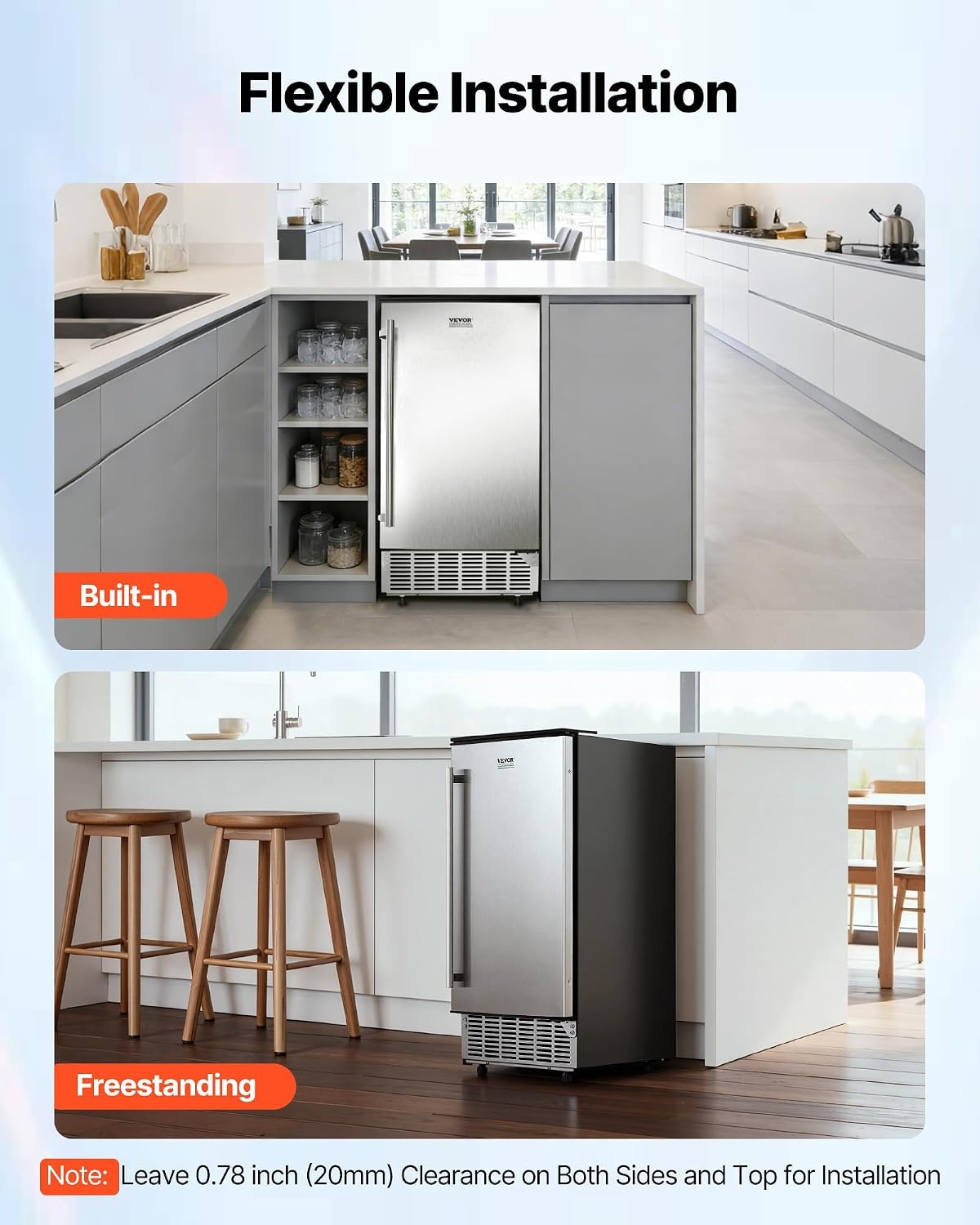image:imageVEVOR Undercounter Builtin Ice Maker 80 LbsDay Under Counter Ice Maker Machine with Reversible Door Stainless Steel Freestanding Ice Maker for Commercial Home Kitchen Electric Drainage