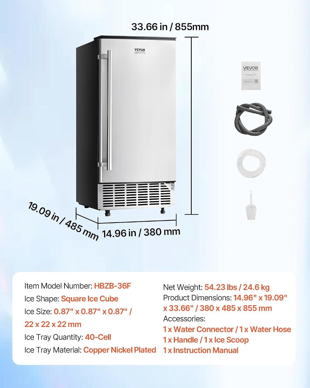 image:imageVEVOR Undercounter Builtin Ice Maker 80 LbsDay Under Counter Ice Maker Machine with Reversible Door Stainless Steel Freestanding Ice Maker for Commercial Home Kitchen Electric Drainage