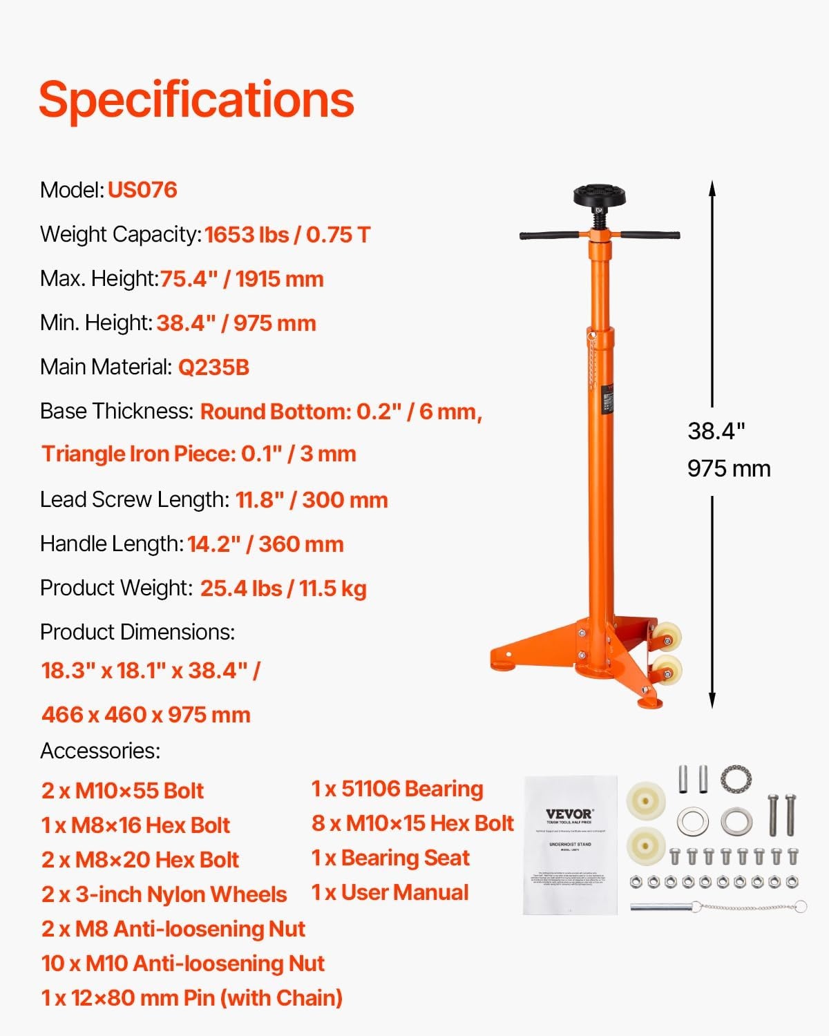 image:imageVEVOR Underhoist Support Stand 34 Ton Capacity Under Hoist Jack Stand Lifting from 384 to 754 in Bearing Mounted Spin Handle SelfLocking Threaded Screw Two Wheels Support Vehicle Components