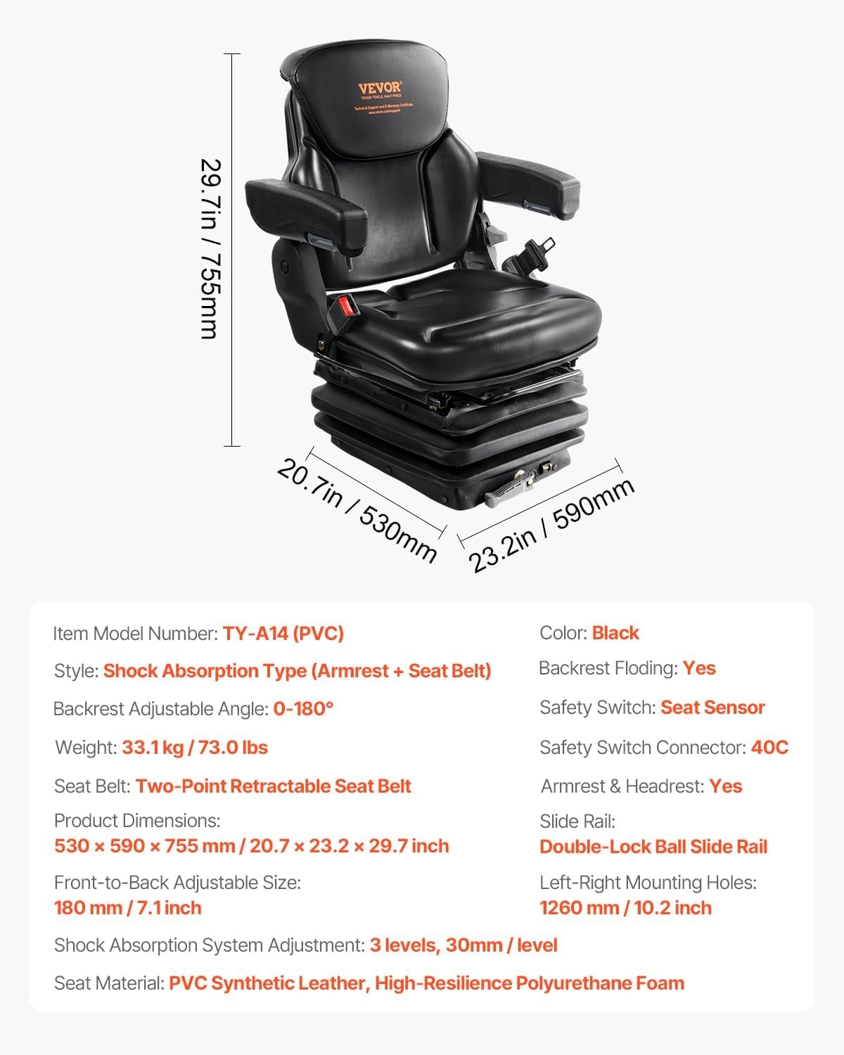 image:imageVEVOR Universal Forklift Seat Tractor Suspension Seat with Adjustable Back Armrest Headrest amp Safety Belt Secure Fold Down Tractor Seat with Micro Switch Lawnmower Seat for Skid Loader BulldozerHigh Suspension