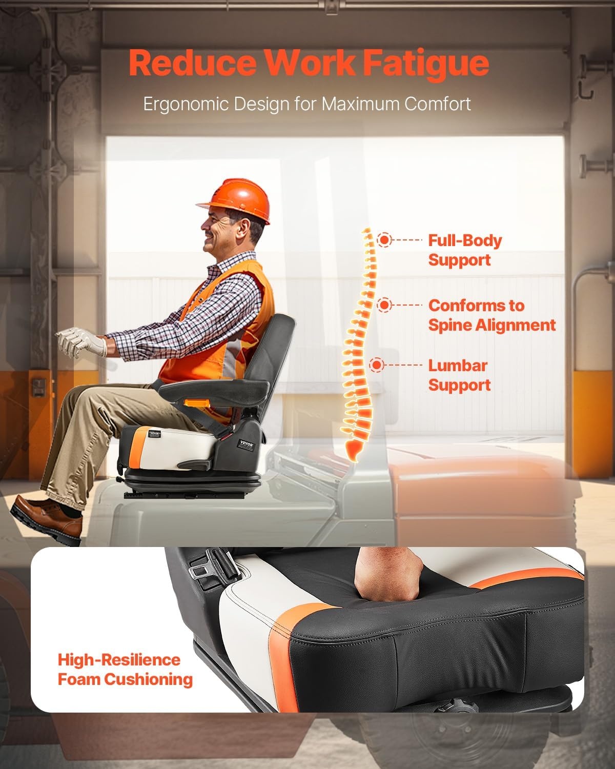 image:imageVEVOR Universal Forklift Seat Tractor Suspension Seat with Adjustable Back Armrest amp Safety Belt Secure Fold Down Tractor Seat with Micro Switch Lawnmower Seat for Skid Loader Bulldozer