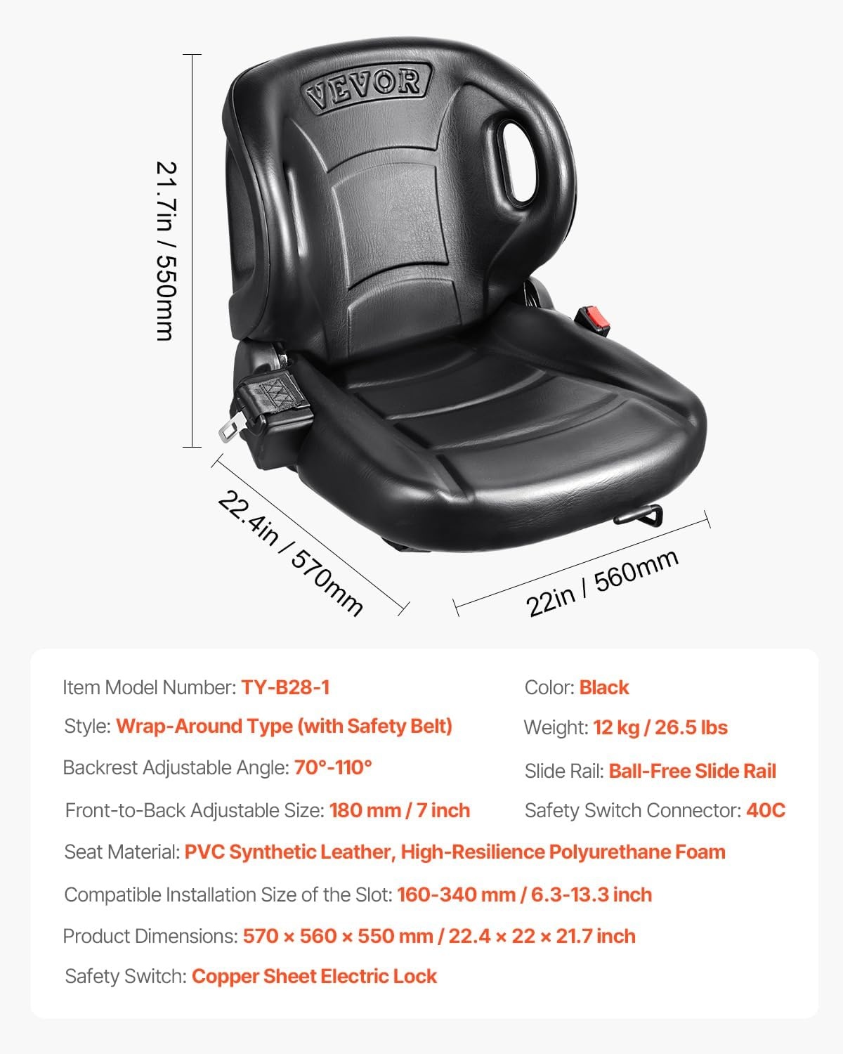 image:imageVEVOR Universal Forklift SeatTractor Seat with Micro Switch PVC Mower Seat wSeat Belt for fits Toyota Forklift AftermarketTractorSkid LoaderExcavatorDozerBackhoeTelehandlerUTVATV