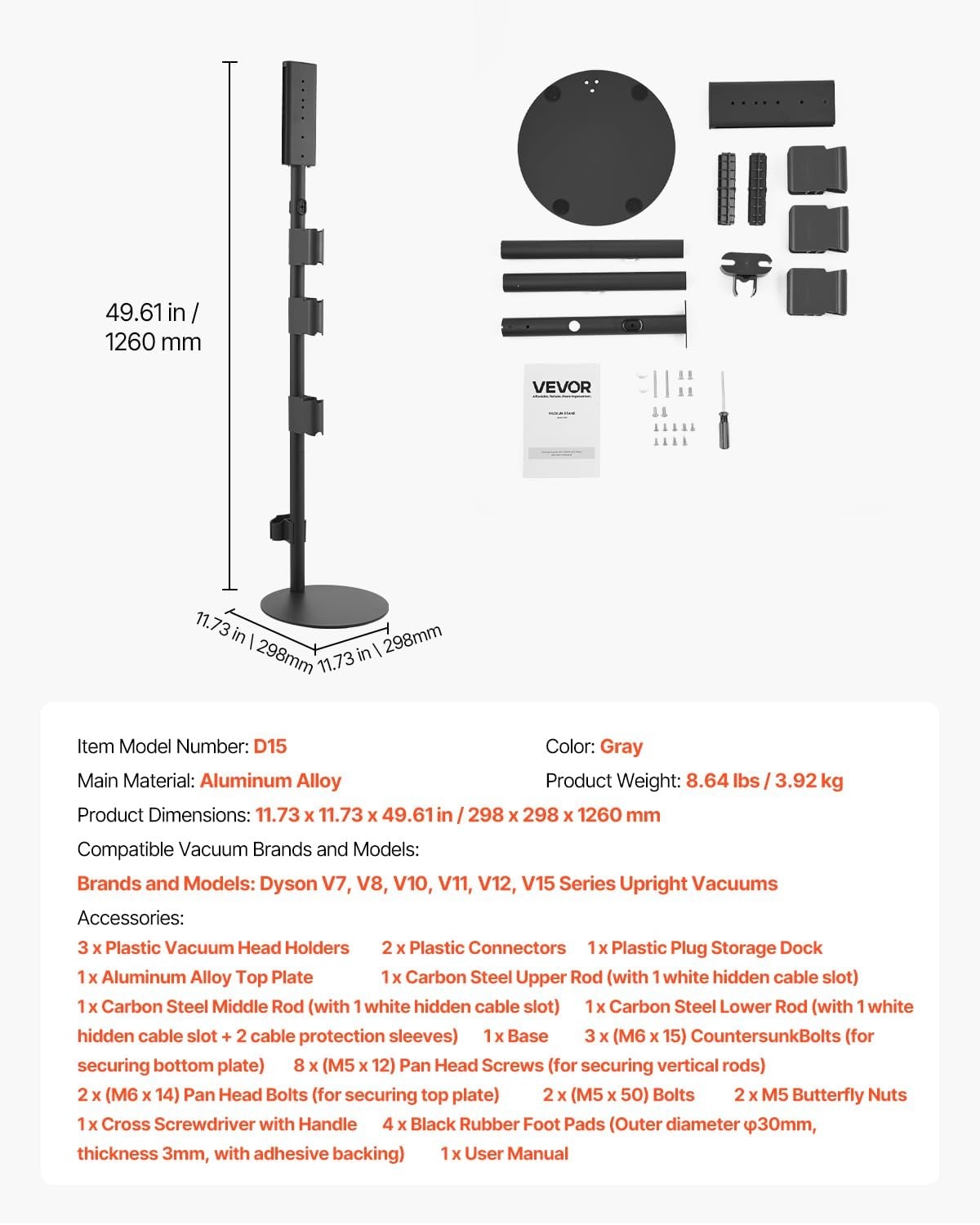image:imageVEVOR Vacuum Stand Compatible with V6 V7 V8 V10 V11 V15 Stable Vacuum Stand Holder with 4 Hooks for DC30 DC31 DC34 DC35 DC58 DC59 DC62 D74 Cordless Upright Vacuum Cleaners amp AccessoriesGrey Tube With Plate