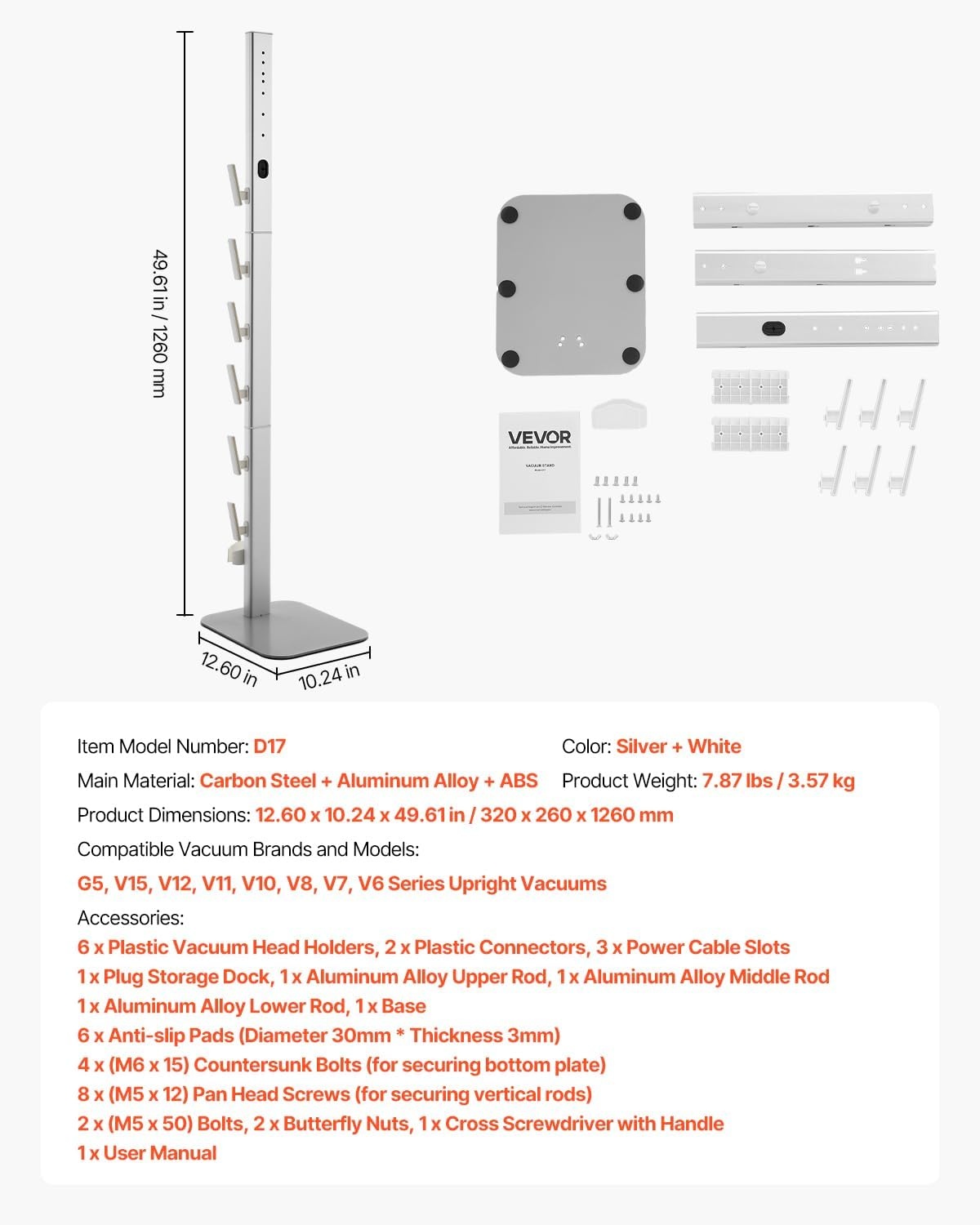 image:imageVEVOR Vacuum Stand Compatible with V6 V7 V8 V10 V11 V15 Stable Vacuum Stand Holder with 4 Hooks for DC30 DC31 DC34 DC35 DC58 DC59 DC62 D74 Cordless Upright Vacuum Cleaners amp AccessoriesSilver Tube