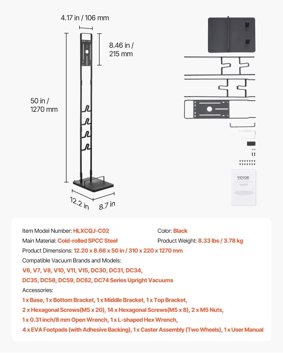 image:imageVEVOR Vacuum Stand Compatible with V6 V7 V8 V10 V11 V15 Stable Vacuum Stand Holder with 4 Hooks for DC30 DC31 DC34 DC35 DC58 DC59 DC62 D74 Cordless Upright Vacuum Cleaners amp AccessoriesBlack Frame With Wheels
