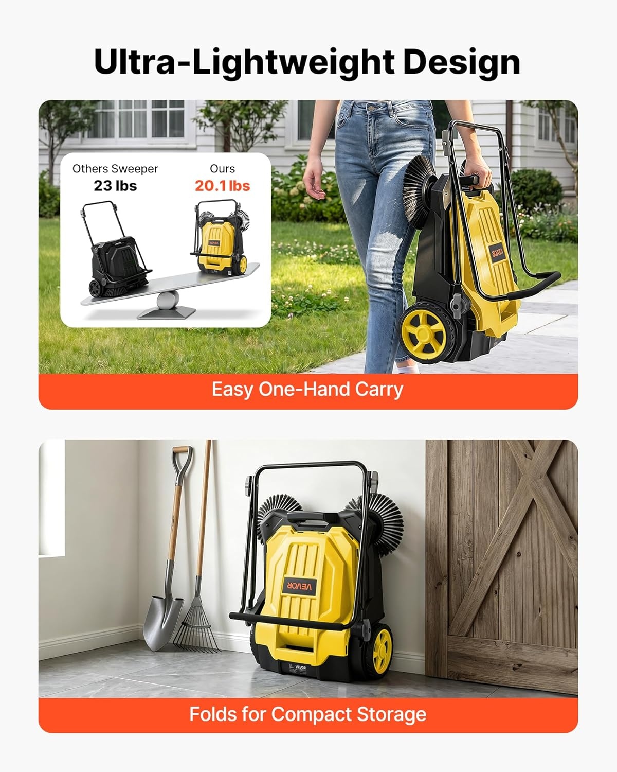 image:imageVEVOR WalkBehind Hand Push Floor Sweeper Manual Floor Sweeper NonElectric with 256 Sweeping Width 5 Gallons Waste Container amp Adjustable Folding Handle for Yards Walkways Patios Garages OrangeYellow