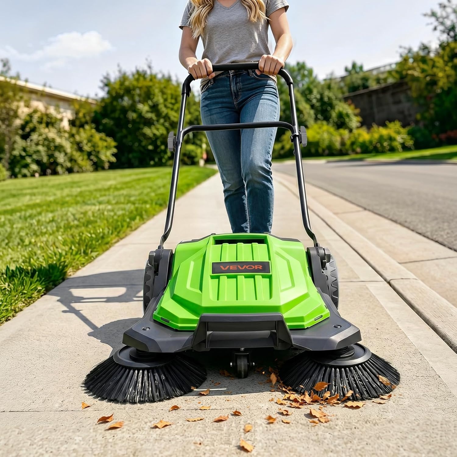 image:imageVEVOR WalkBehind Hand Push Floor Sweeper Manual Floor Sweeper NonElectric with 256 Sweeping Width 5 Gallons Waste Container amp Adjustable Folding Handle for Yards Walkways Patios Garages OrangeGreen