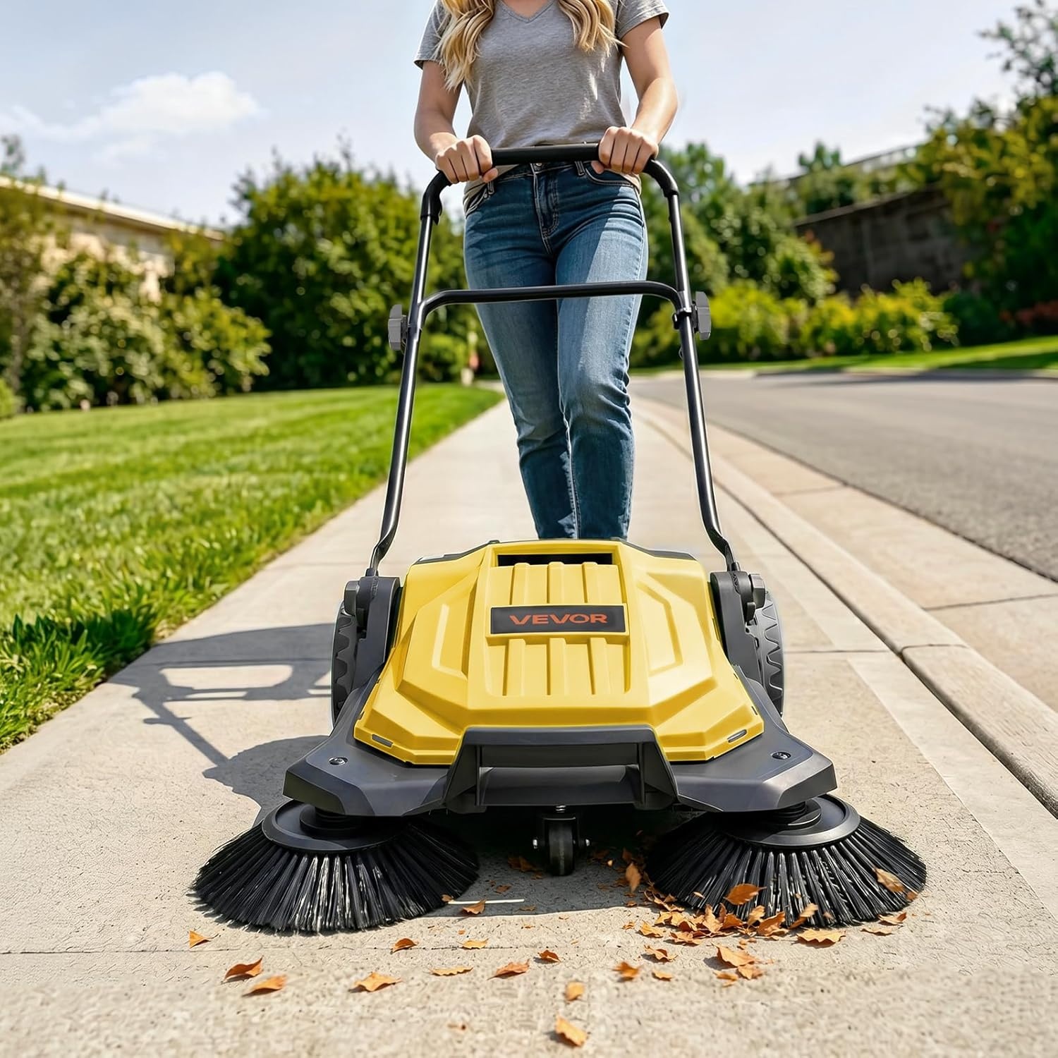 image:imageVEVOR WalkBehind Hand Push Floor Sweeper Manual Floor Sweeper NonElectric with 256 Sweeping Width 5 Gallons Waste Container amp Adjustable Folding Handle for Yards Walkways Patios Garages OrangeYellow