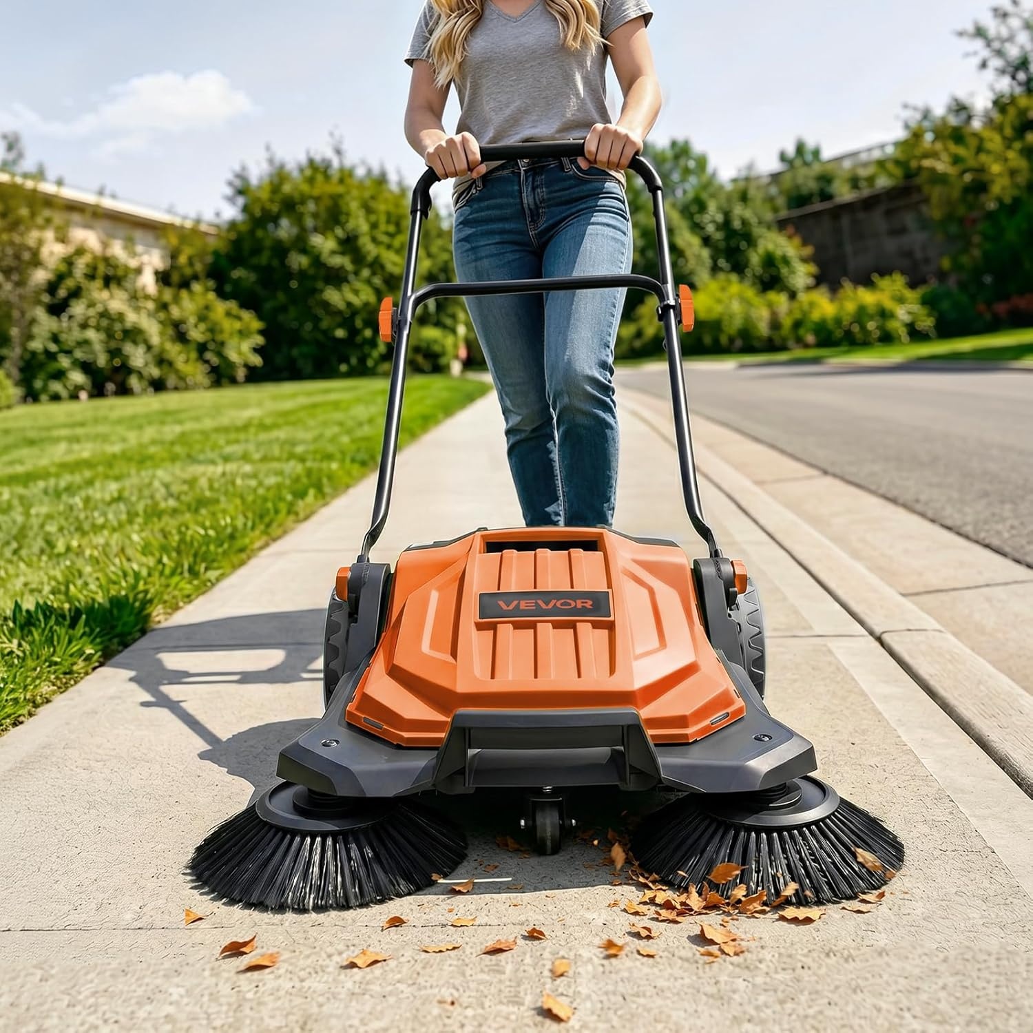 image:imageVEVOR WalkBehind Hand Push Floor Sweeper Manual Floor Sweeper NonElectric with 256 Sweeping Width 5 Gallons Waste Container amp Adjustable Folding Handle for Yards Walkways Patios Garages OrangeOrange