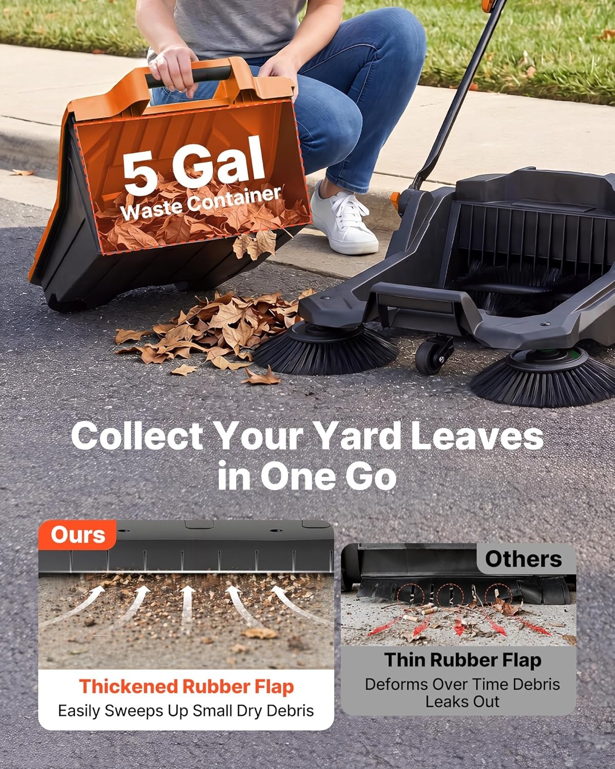 image:imageVEVOR WalkBehind Hand Push Floor Sweeper Manual Floor Sweeper NonElectric with 256 Sweeping Width 5 Gallons Waste Container amp Adjustable Folding Handle for Yards Walkways Patios Garages OrangeOrange