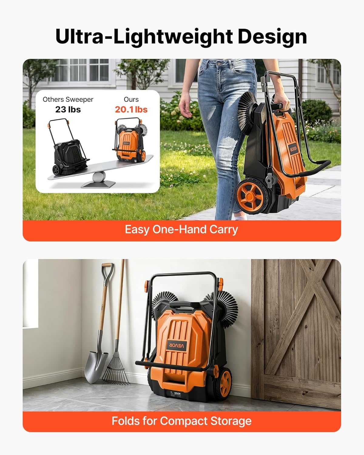 image:imageVEVOR WalkBehind Hand Push Floor Sweeper Manual Floor Sweeper NonElectric with 256 Sweeping Width 5 Gallons Waste Container amp Adjustable Folding Handle for Yards Walkways Patios Garages OrangeOrange
