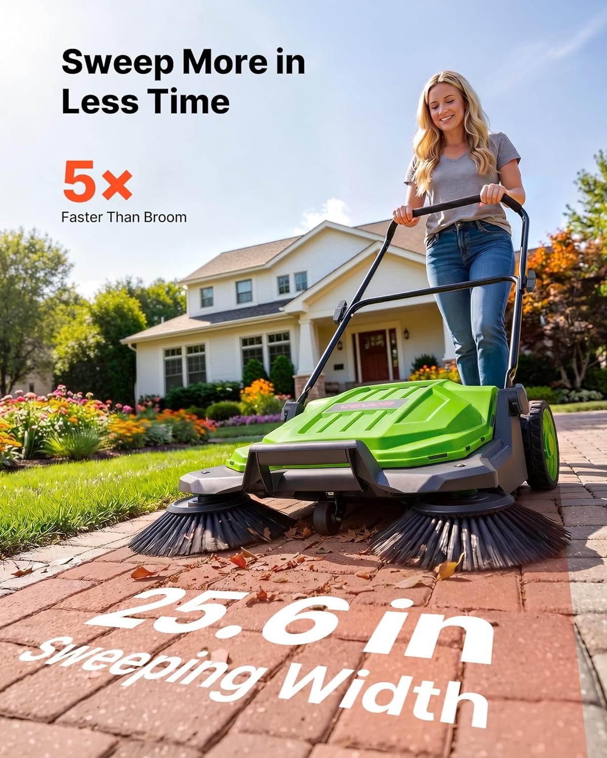 image:imageVEVOR WalkBehind Hand Push Floor Sweeper Manual Floor Sweeper NonElectric with 256 Sweeping Width 5 Gallons Waste Container amp Adjustable Folding Handle for Yards Walkways Patios Garages OrangeGreen