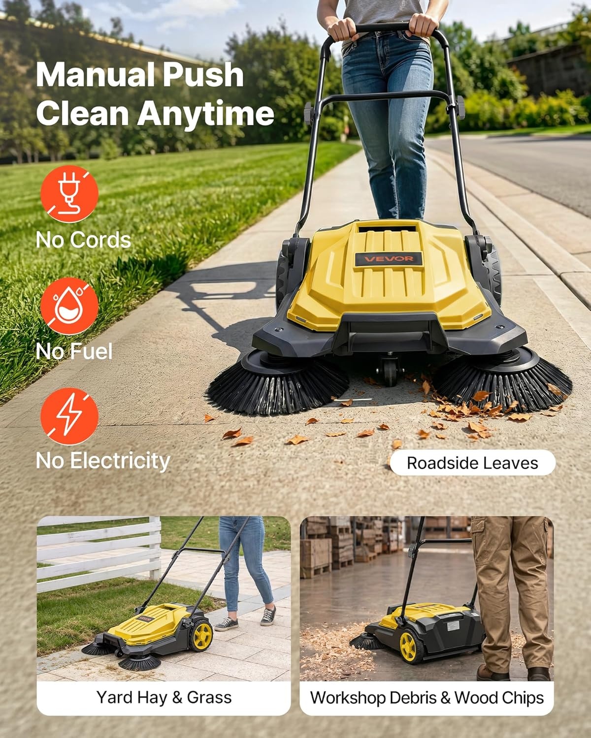 image:imageVEVOR WalkBehind Hand Push Floor Sweeper Manual Floor Sweeper NonElectric with 256 Sweeping Width 5 Gallons Waste Container amp Adjustable Folding Handle for Yards Walkways Patios Garages OrangeYellow