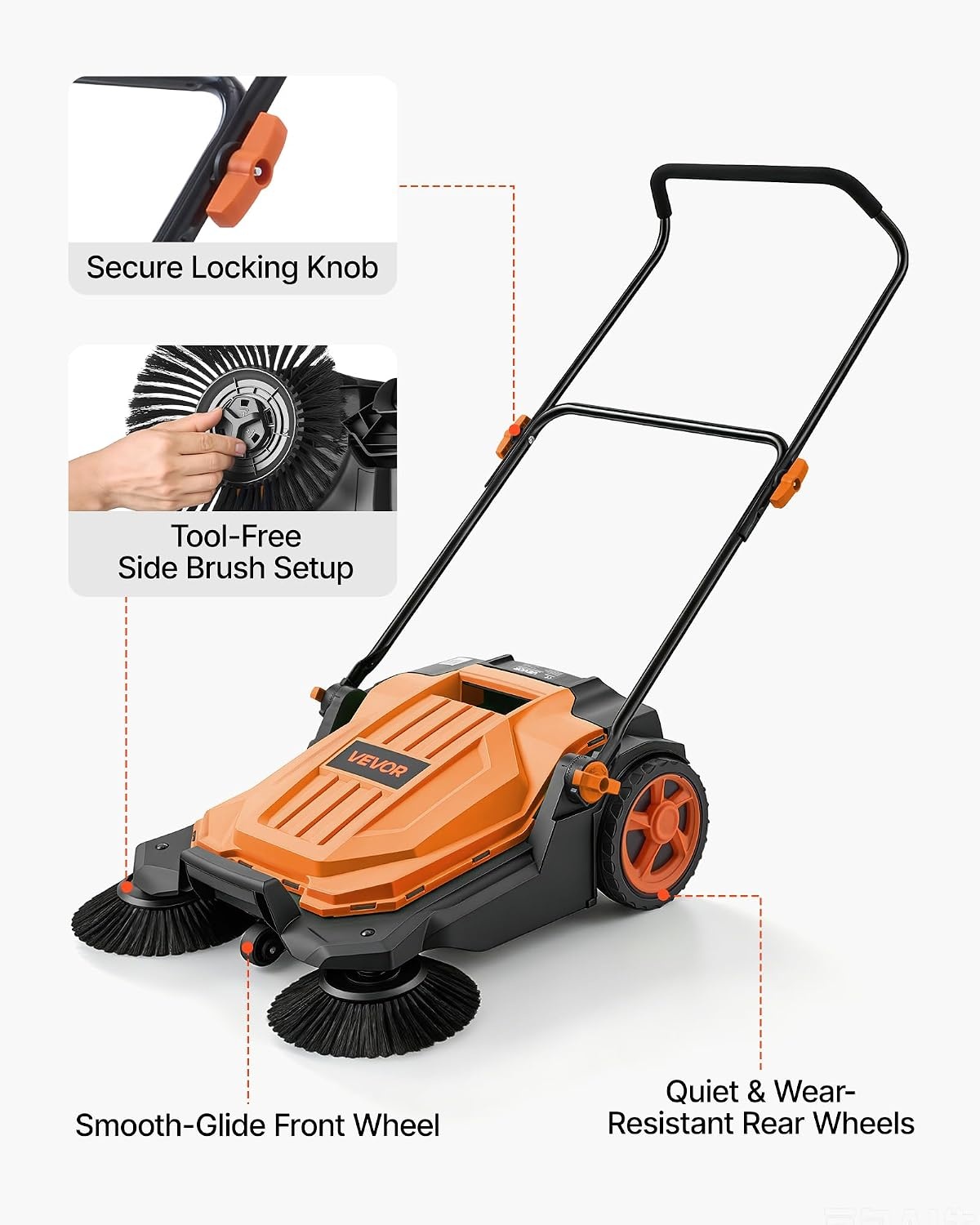 image:imageVEVOR WalkBehind Hand Push Floor Sweeper Manual Floor Sweeper NonElectric with 256 Sweeping Width 5 Gallons Waste Container amp Adjustable Folding Handle for Yards Walkways Patios Garages OrangeOrange