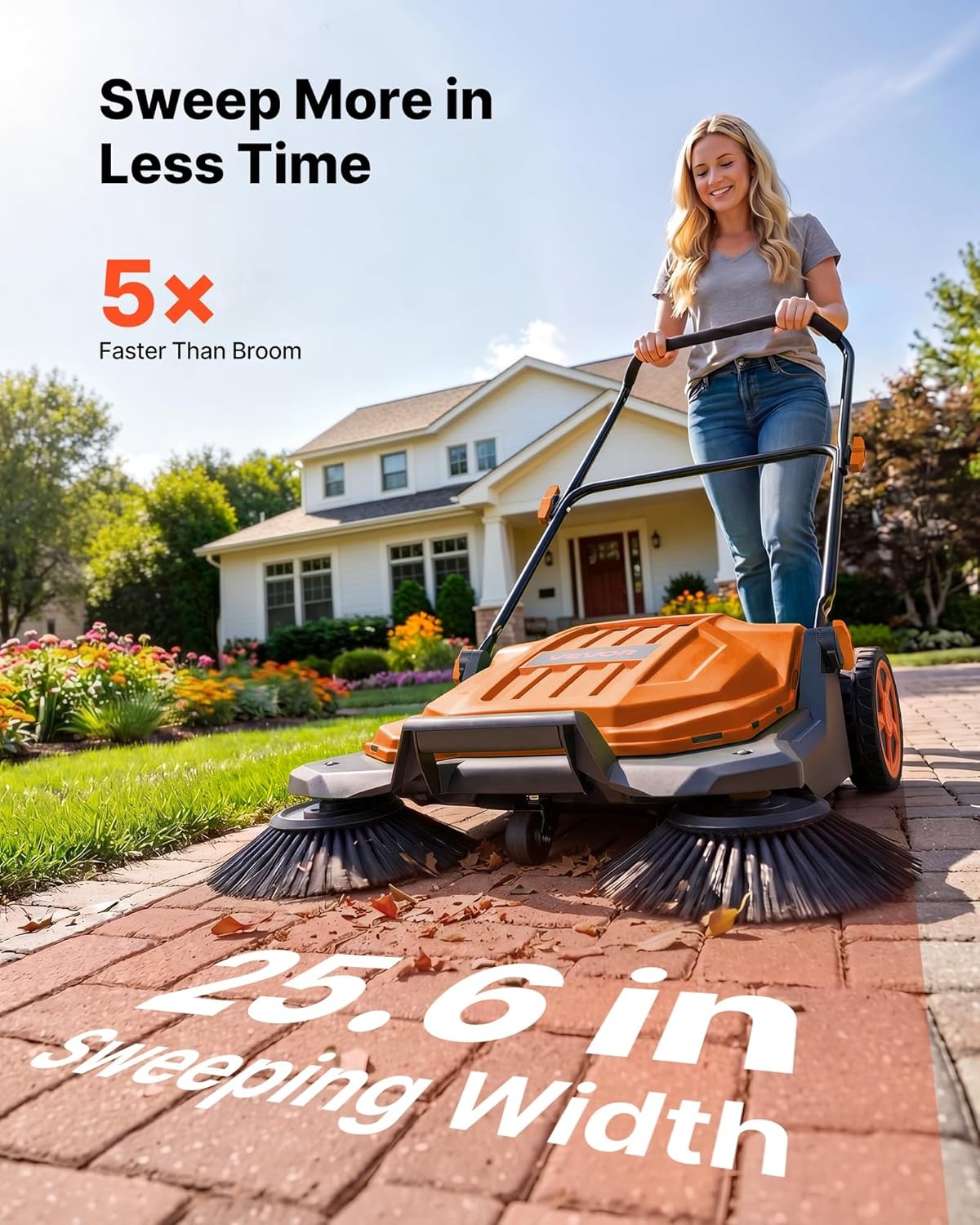 image:imageVEVOR WalkBehind Hand Push Floor Sweeper Manual Floor Sweeper NonElectric with 256 Sweeping Width 5 Gallons Waste Container amp Adjustable Folding Handle for Yards Walkways Patios Garages OrangeOrange