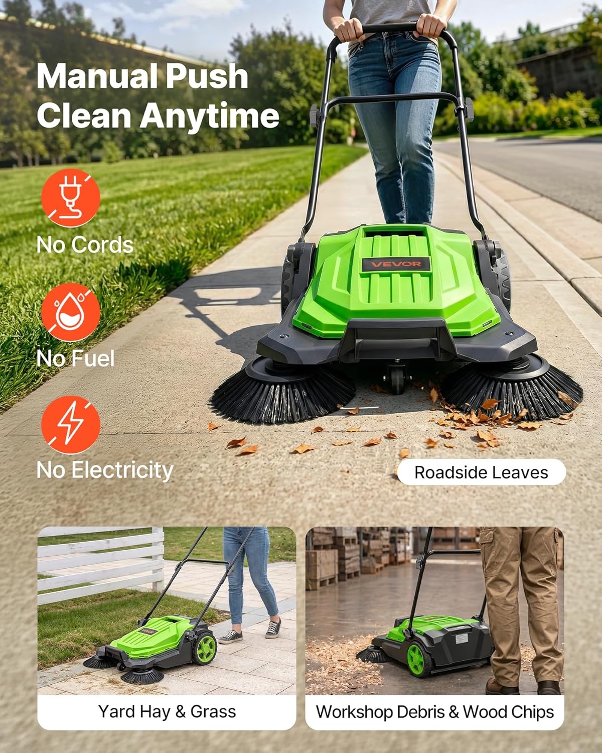 image:imageVEVOR WalkBehind Hand Push Floor Sweeper Manual Floor Sweeper NonElectric with 256 Sweeping Width 5 Gallons Waste Container amp Adjustable Folding Handle for Yards Walkways Patios Garages OrangeGreen