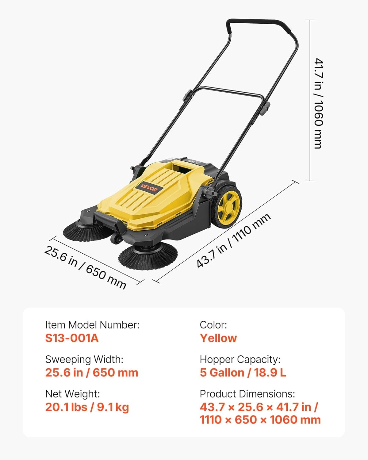 image:imageVEVOR WalkBehind Hand Push Floor Sweeper Manual Floor Sweeper NonElectric with 256 Sweeping Width 5 Gallons Waste Container amp Adjustable Folding Handle for Yards Walkways Patios Garages OrangeYellow
