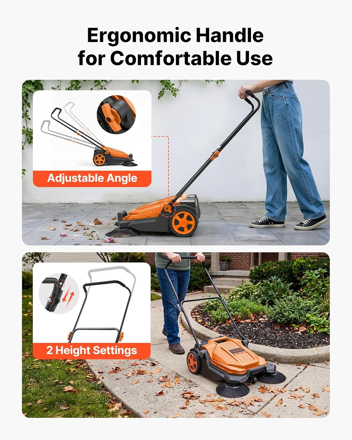 image:imageVEVOR WalkBehind Hand Push Floor Sweeper Manual Floor Sweeper NonElectric with 256 Sweeping Width 5 Gallons Waste Container amp Adjustable Folding Handle for Yards Walkways Patios Garages OrangeOrange
