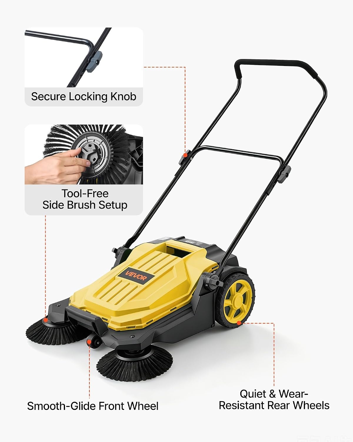 image:imageVEVOR WalkBehind Hand Push Floor Sweeper Manual Floor Sweeper NonElectric with 256 Sweeping Width 5 Gallons Waste Container amp Adjustable Folding Handle for Yards Walkways Patios Garages OrangeYellow