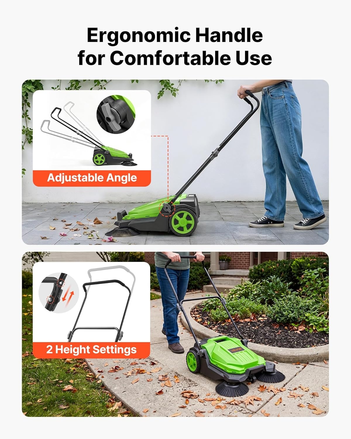 image:imageVEVOR WalkBehind Hand Push Floor Sweeper Manual Floor Sweeper NonElectric with 256 Sweeping Width 5 Gallons Waste Container amp Adjustable Folding Handle for Yards Walkways Patios Garages OrangeGreen
