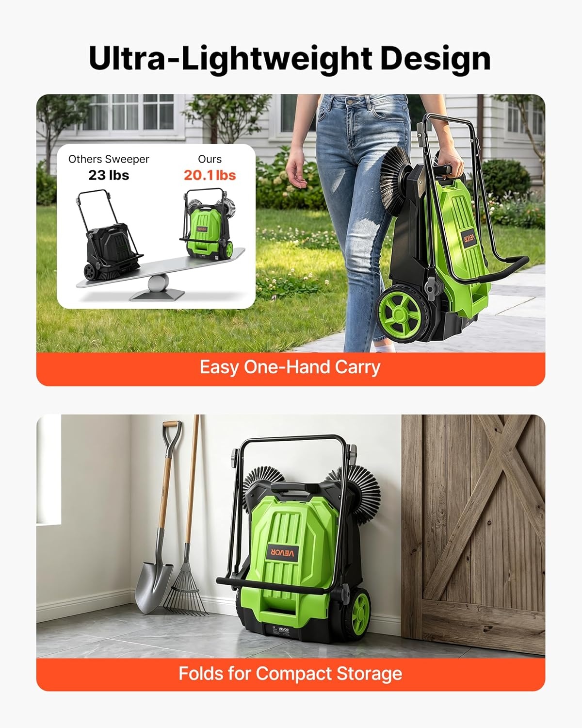 image:imageVEVOR WalkBehind Hand Push Floor Sweeper Manual Floor Sweeper NonElectric with 256 Sweeping Width 5 Gallons Waste Container amp Adjustable Folding Handle for Yards Walkways Patios Garages OrangeGreen