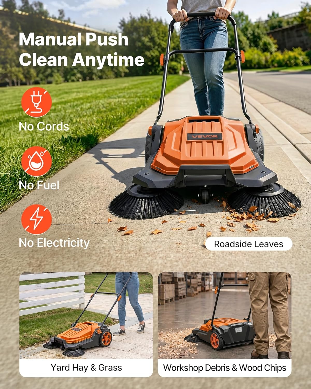image:imageVEVOR WalkBehind Hand Push Floor Sweeper Manual Floor Sweeper NonElectric with 256 Sweeping Width 5 Gallons Waste Container amp Adjustable Folding Handle for Yards Walkways Patios Garages OrangeOrange