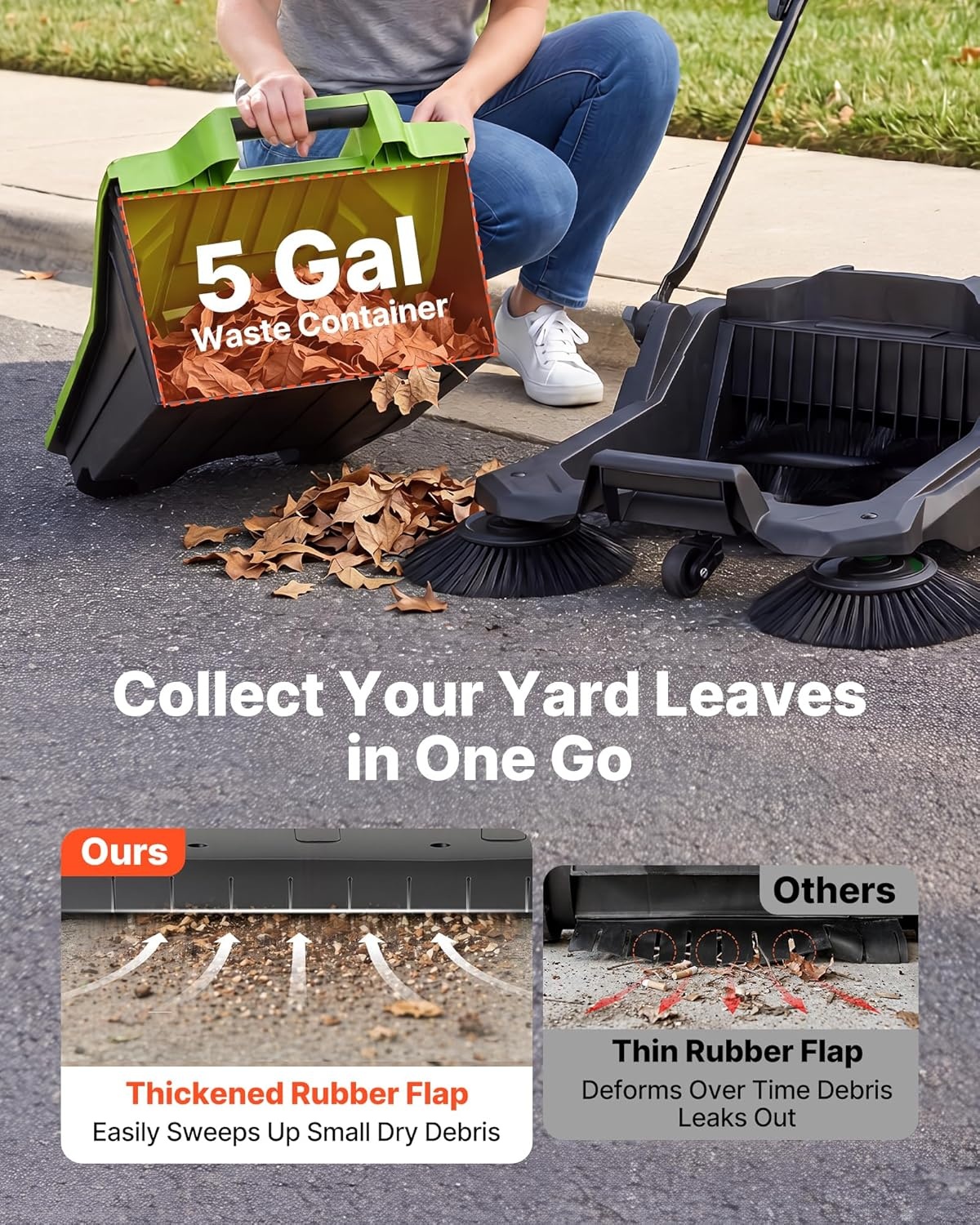 image:imageVEVOR WalkBehind Hand Push Floor Sweeper Manual Floor Sweeper NonElectric with 256 Sweeping Width 5 Gallons Waste Container amp Adjustable Folding Handle for Yards Walkways Patios Garages OrangeGreen