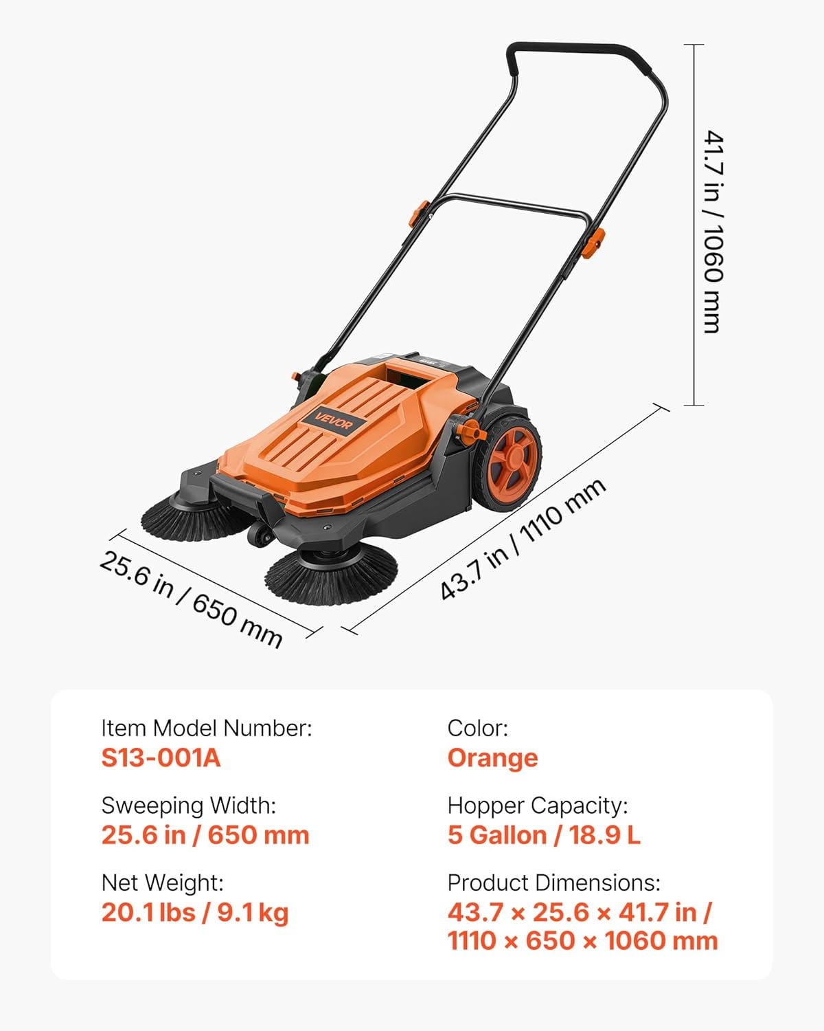 image:imageVEVOR WalkBehind Hand Push Floor Sweeper Manual Floor Sweeper NonElectric with 256 Sweeping Width 5 Gallons Waste Container amp Adjustable Folding Handle for Yards Walkways Patios Garages OrangeOrange