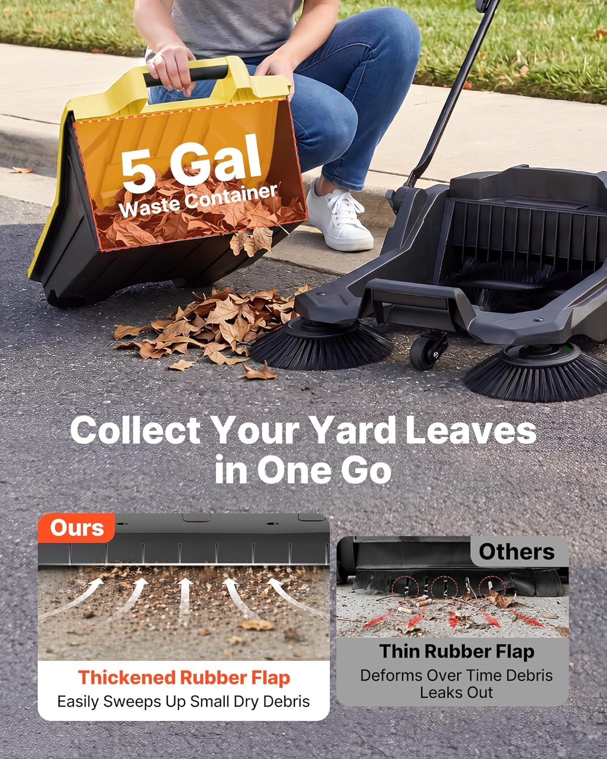 image:imageVEVOR WalkBehind Hand Push Floor Sweeper Manual Floor Sweeper NonElectric with 256 Sweeping Width 5 Gallons Waste Container amp Adjustable Folding Handle for Yards Walkways Patios Garages OrangeYellow
