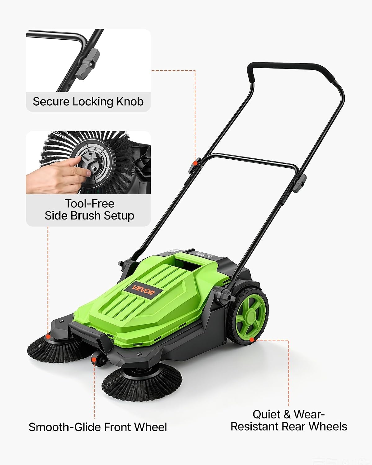 image:imageVEVOR WalkBehind Hand Push Floor Sweeper Manual Floor Sweeper NonElectric with 256 Sweeping Width 5 Gallons Waste Container amp Adjustable Folding Handle for Yards Walkways Patios Garages OrangeGreen