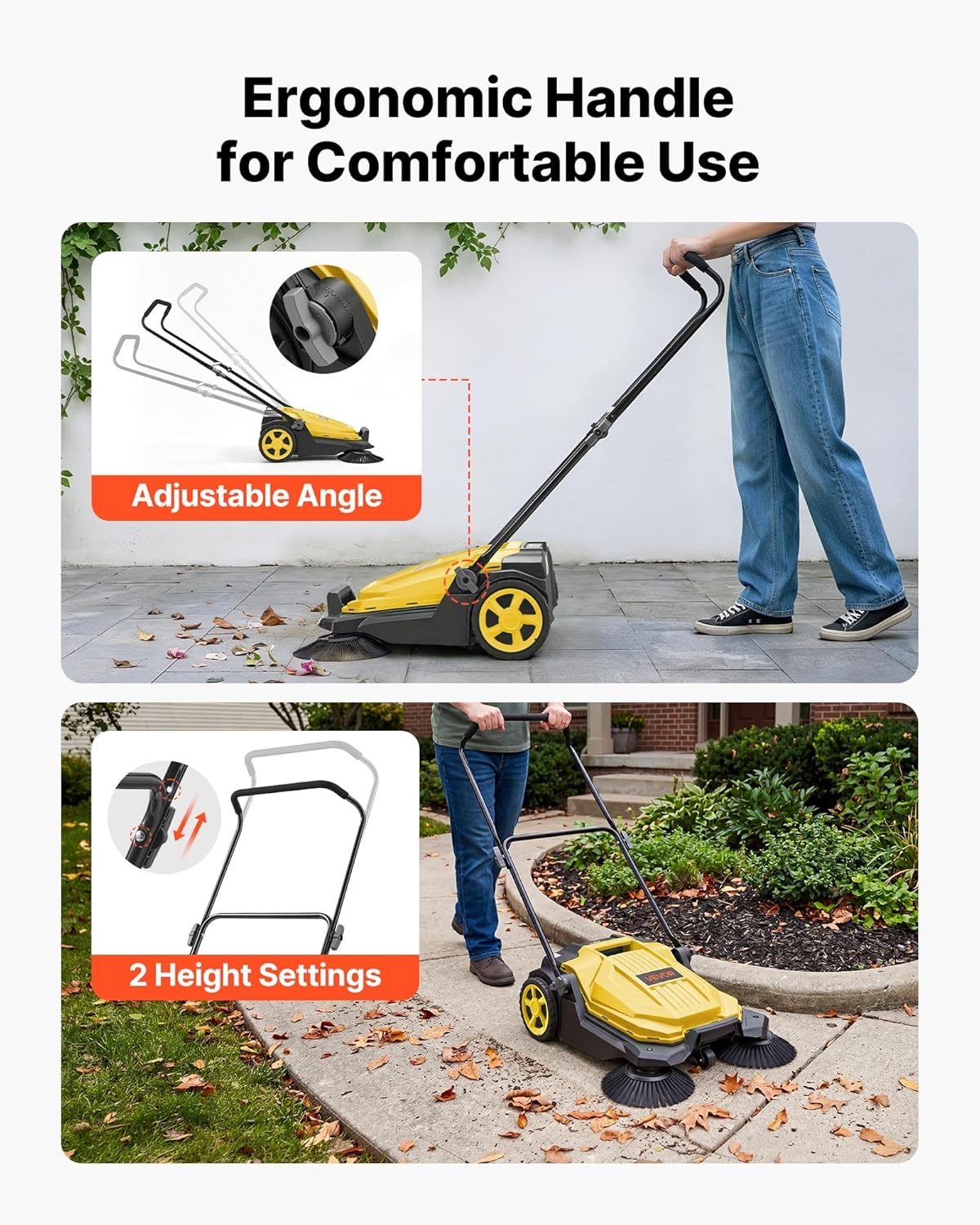 image:imageVEVOR WalkBehind Hand Push Floor Sweeper Manual Floor Sweeper NonElectric with 256 Sweeping Width 5 Gallons Waste Container amp Adjustable Folding Handle for Yards Walkways Patios Garages OrangeYellow