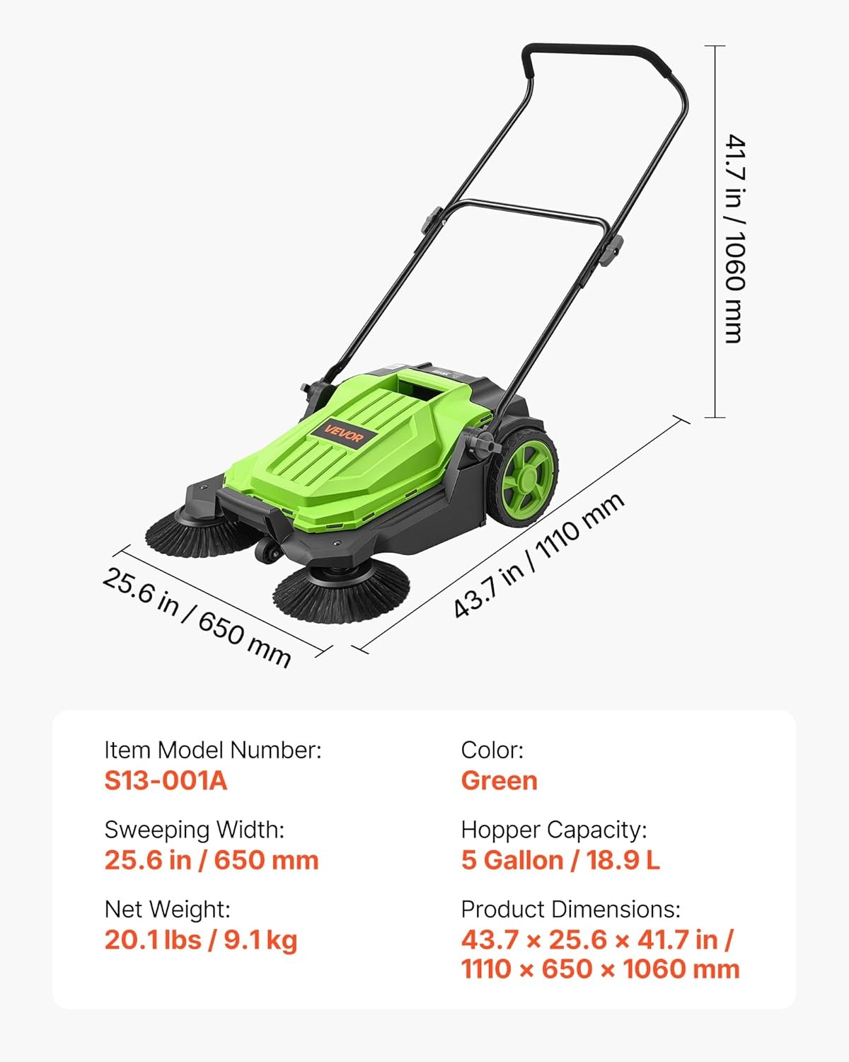 image:imageVEVOR WalkBehind Hand Push Floor Sweeper Manual Floor Sweeper NonElectric with 256 Sweeping Width 5 Gallons Waste Container amp Adjustable Folding Handle for Yards Walkways Patios Garages OrangeGreen