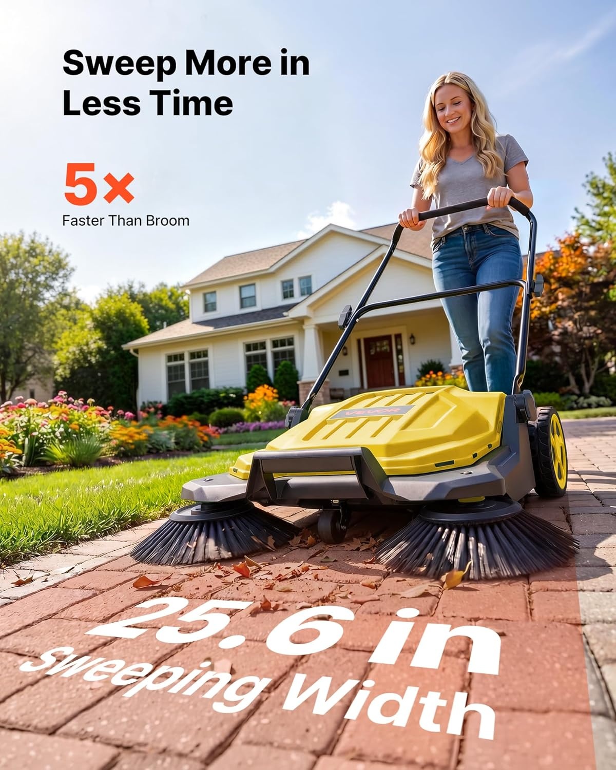 image:imageVEVOR WalkBehind Hand Push Floor Sweeper Manual Floor Sweeper NonElectric with 256 Sweeping Width 5 Gallons Waste Container amp Adjustable Folding Handle for Yards Walkways Patios Garages OrangeYellow