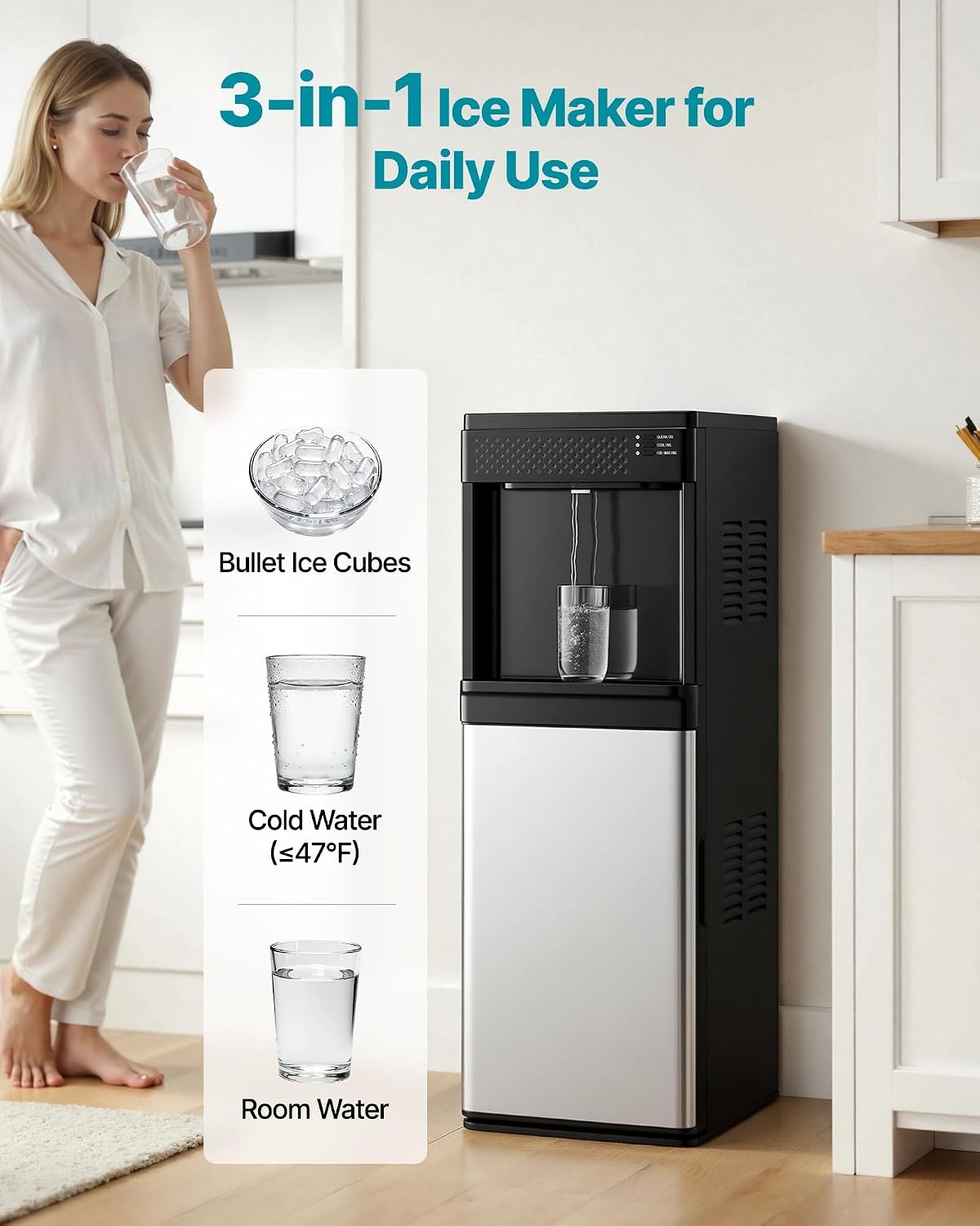 image:imageVEVOR Water Dispenser with Ice Maker 3in1 Countertop Water Dispenser 35 LBS24H 12 Cubes7 Min Fast Ice Making with 4 LBS Storage BulletCrushed ICES amp ColdWater for Home Kitchen Party33 LBS24HFloorStanding