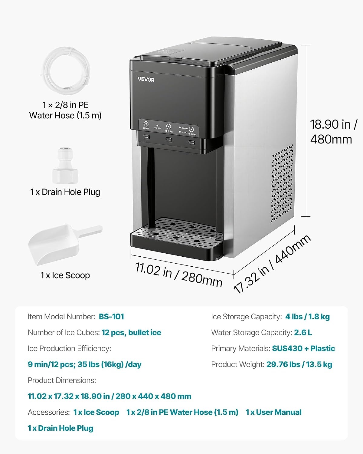 image:imageVEVOR Water Dispenser with Ice Maker 3in1 Countertop Water Dispenser 35 LBS24H 12 Cubes7 Min Fast Ice Making with 4 LBS Storage BulletCrushed ICES amp ColdWater for Home Kitchen PartyCountertop35 LBS24H