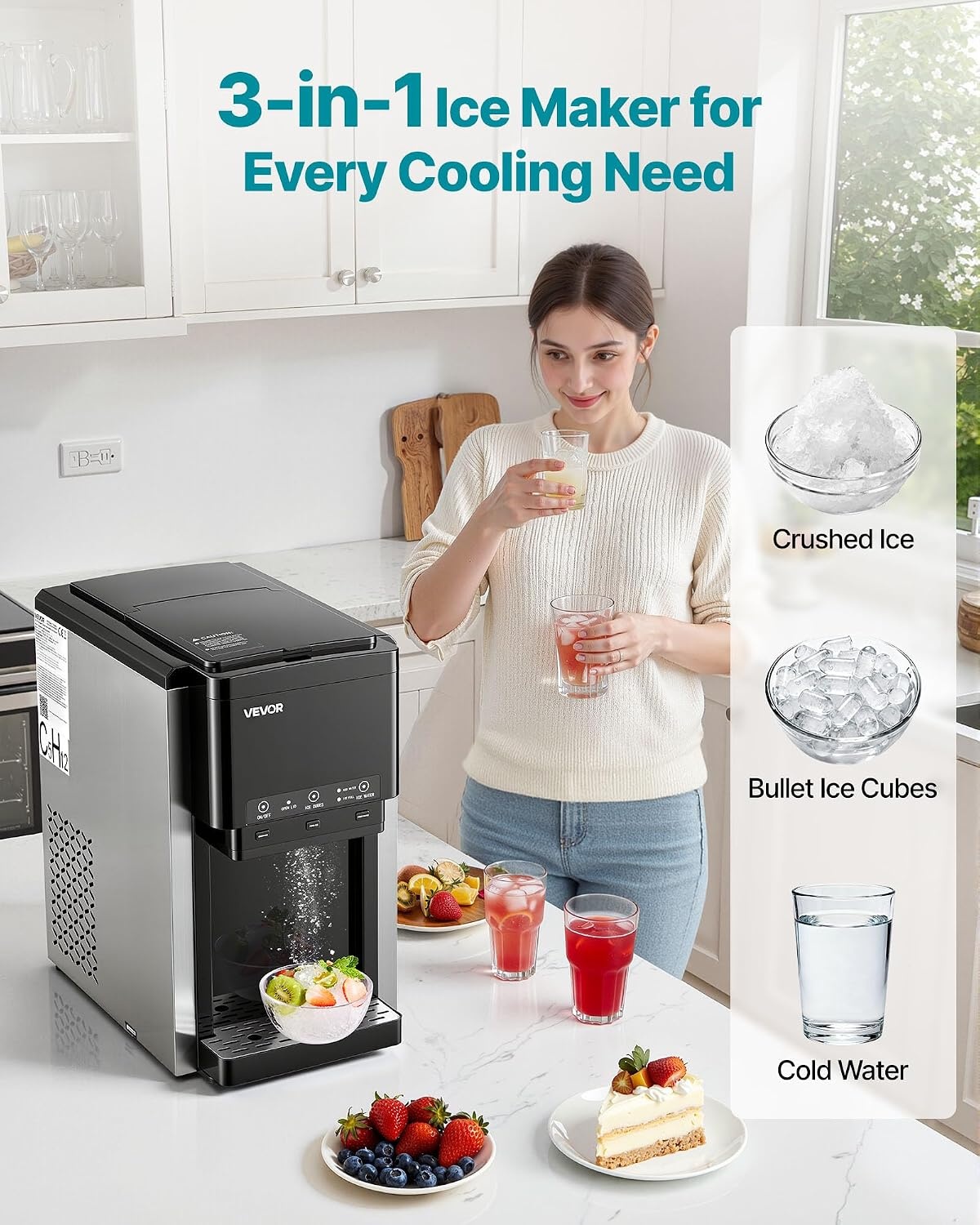 image:imageVEVOR Water Dispenser with Ice Maker 3in1 Countertop Water Dispenser 35 LBS24H 12 Cubes7 Min Fast Ice Making with 4 LBS Storage BulletCrushed ICES amp ColdWater for Home Kitchen PartyCountertop35 LBS24H
