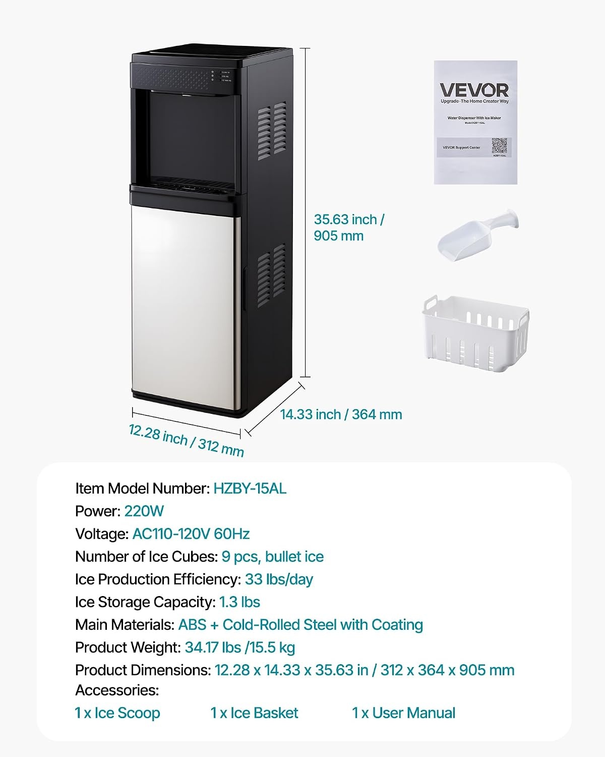 image:imageVEVOR Water Dispenser with Ice Maker 3in1 Countertop Water Dispenser 35 LBS24H 12 Cubes7 Min Fast Ice Making with 4 LBS Storage BulletCrushed ICES amp ColdWater for Home Kitchen Party33 LBS24HFloorStanding