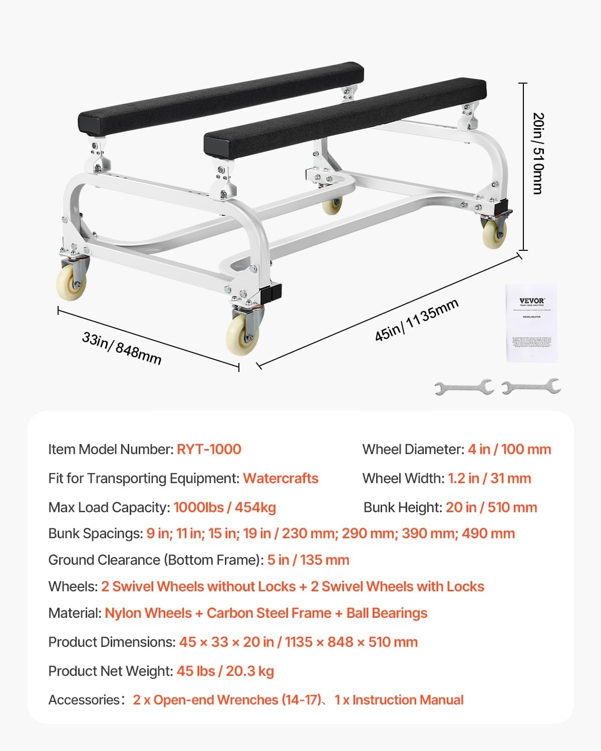 image:imageVEVOR Watercraft PWC Dolly 1300 lbs Load Capacity Jet Ski Stand PWC Cart for Moving Watercraft Adjustable Bunks with 4 Casters amp 2 Brakes HeavyDuty Jet Ski Cart for Kayaks Jet Skis Speedboats1000lbs