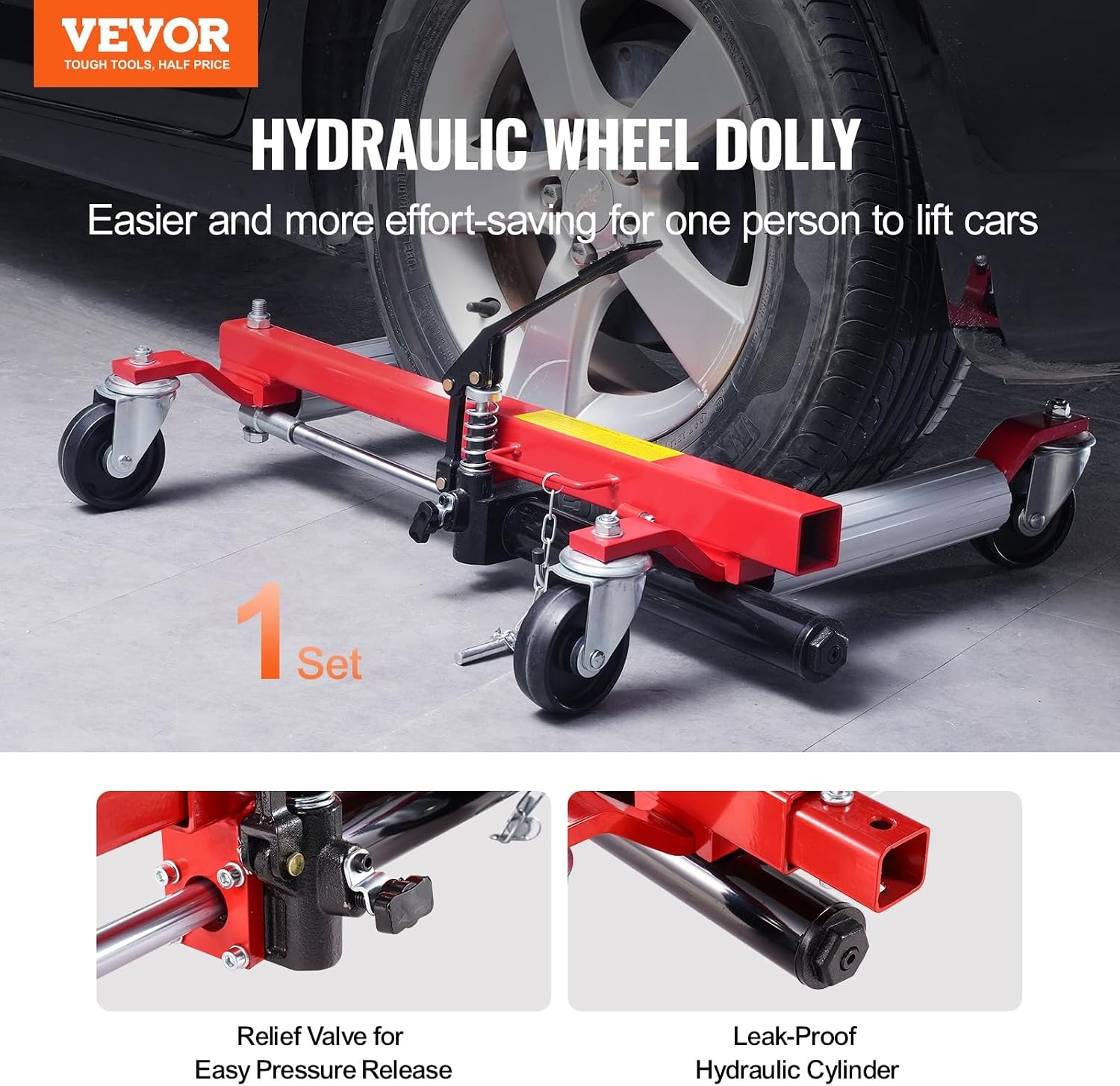 image:imageVEVOR Wheel Dolly Max Capacity 1500 Lbs Car Jack Dolly Lifter with 360 Rotatable Wheels Heavy Duty Vehicle Positioning Hydraulic Tire Jack for Vehicle Repair and MovingRed