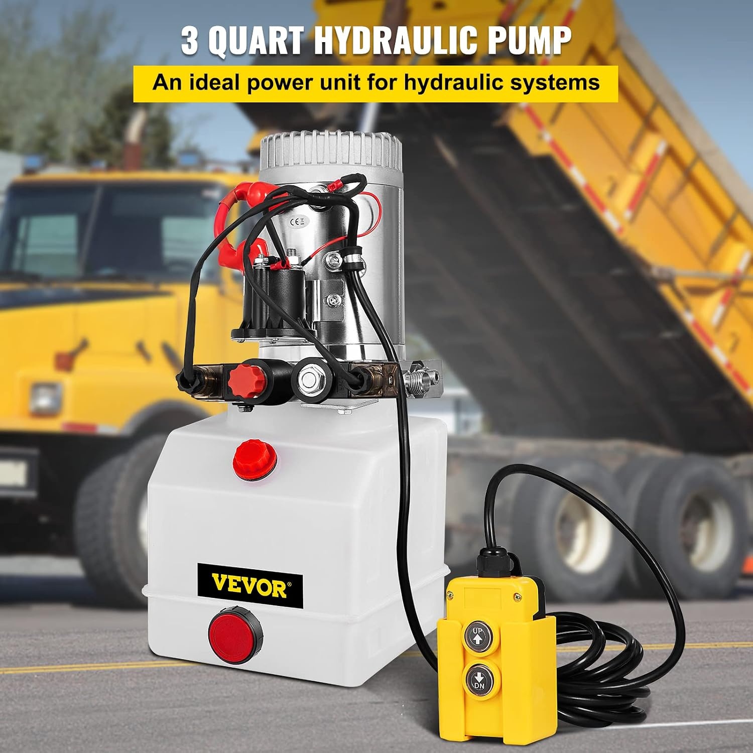 image:imageVevor Hydraulic Pump 3 Quart Hydraulic Power Unit Double Acting Hydraulic Pump for Dump Trailer Car Lifting 12V DC Plastic Oil Reservoir Plastic Double Acting Industrial amp Scientific