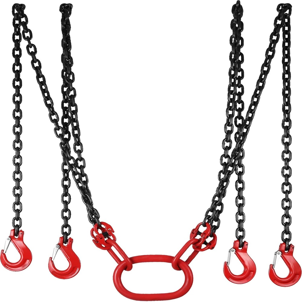 image:imageHappybuy 10FT Chain Sling 516 Inch X 10 FT Engine Lift Chain G80 Alloy Steel Engine Chain Hoist Lifts 3 Ton with 4 Leg Grab Hooks Used in Mining Machinery Ports Building10FT