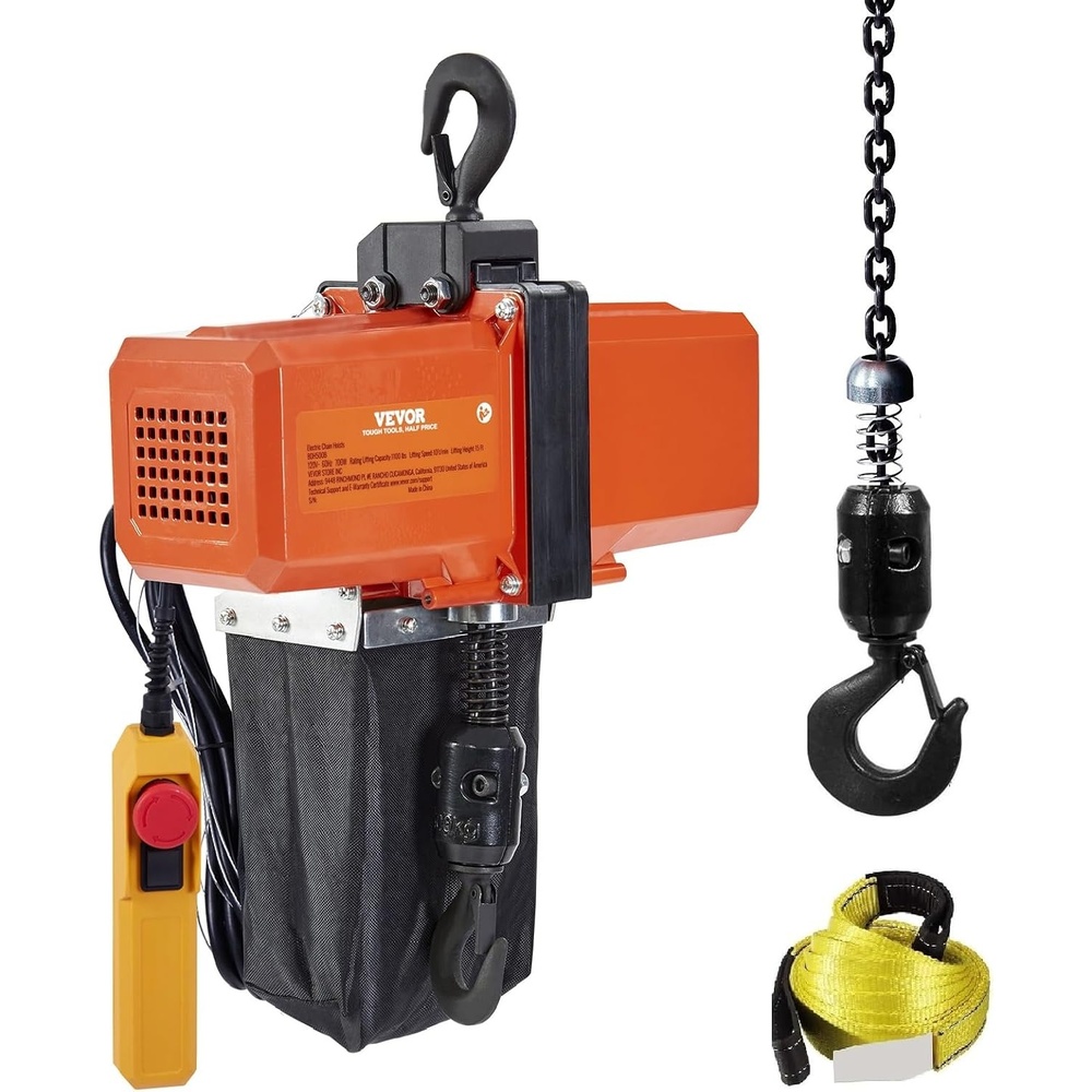 image:imageVEVOR 1100 lbs Electric Chain Hoist 15 FT Lifting Height 120V Electric Hoist Single Phase Overhead Crane with G100 Chain 10 ft Wired Remote Control for Garage Shop Hotel Home1100 lbs 15 ft Lifting Height