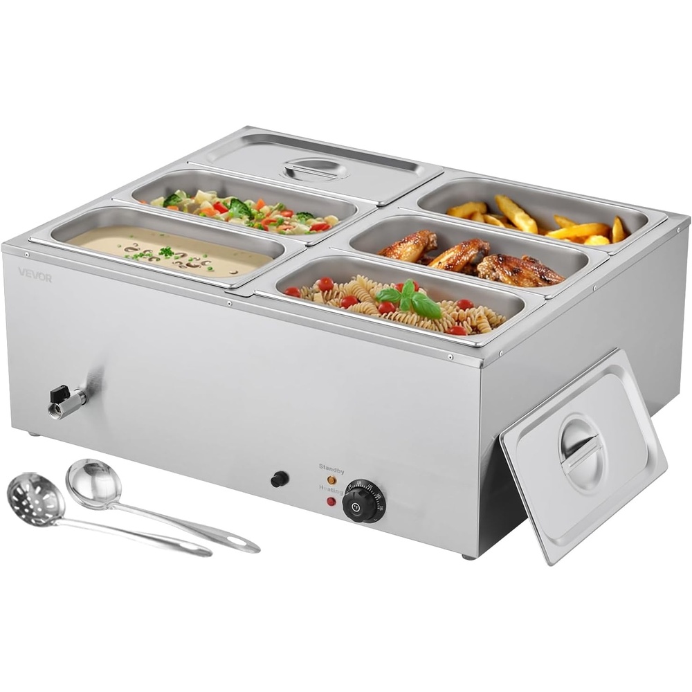 image:imageVEVOR 110V 6Pan Commercial Food Warmer 1200W Electric Steam Table 15cm6inch Deep Stainless Steel Buffet Bain Marie 48 Quart for Restaurants