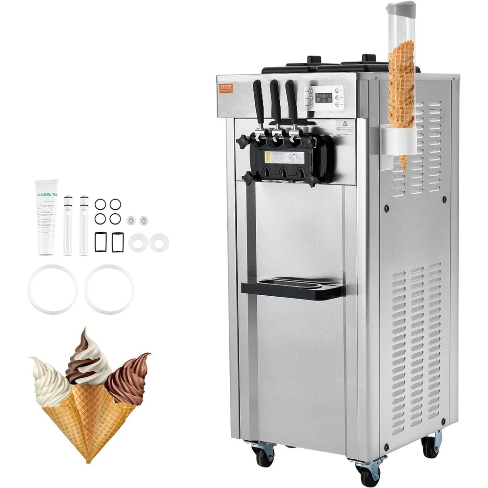 image:imageVEVOR 2200W Commercial Soft Ice Cream Machine 3 Flavors 53 to 74Gallon per Hour PreCooling at Night Auto Clean LCDPanel for Restaurants Snack Bar Sliver