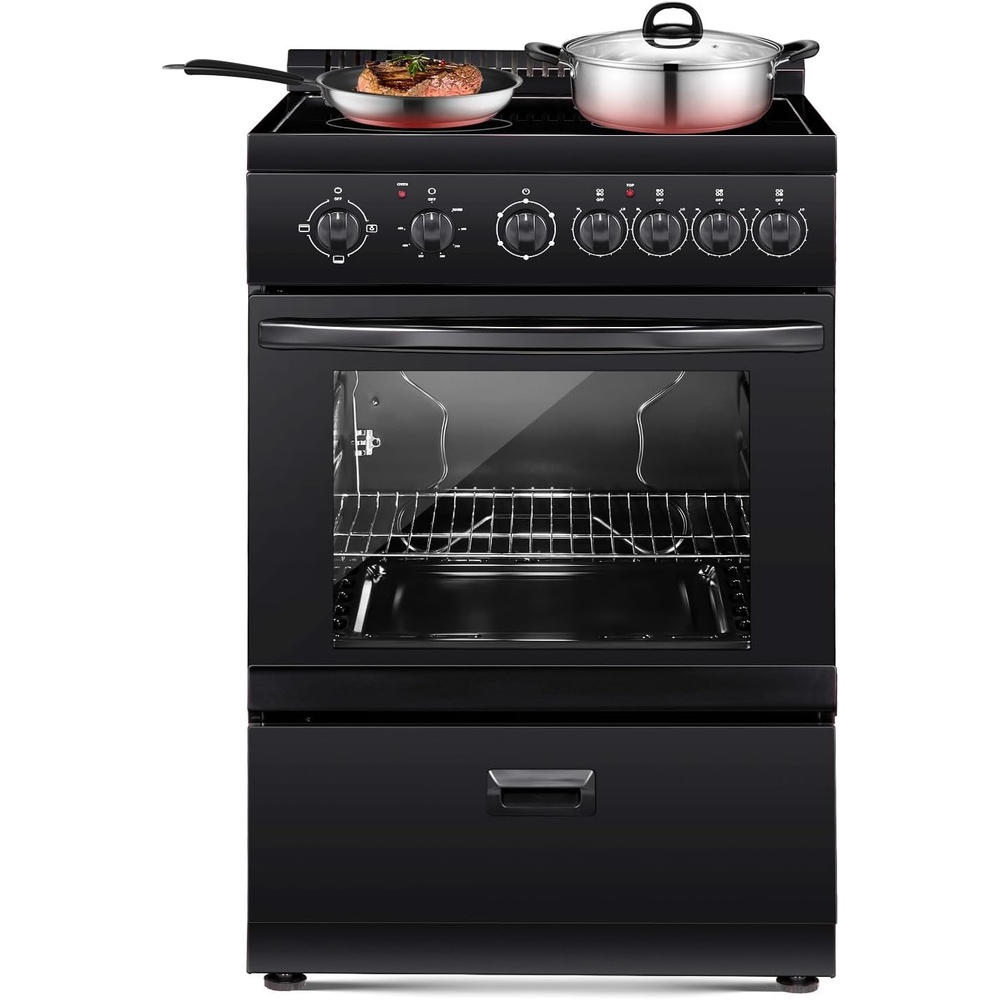 image:imageVEVOR 24in Electric Range Oven 27Cu Ft Capacity Compact Freestanding Oven Stainless Steel Kitchen Stove with 4 Burners Easy Reach Racks Storage Drawer Drip Pan Indicator LightNo Power Cord