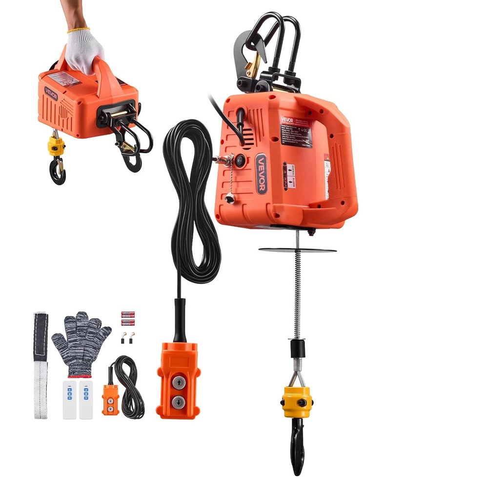 image:imageVEVOR 2in1 Electric Hoist Winch 1100 lbs Capacity 1500W Portable Power Winch Crane 25 ft Lifting Height 164 ftmin with Manual and Wireless Remote Control for Factory Warehouss GarageOrange