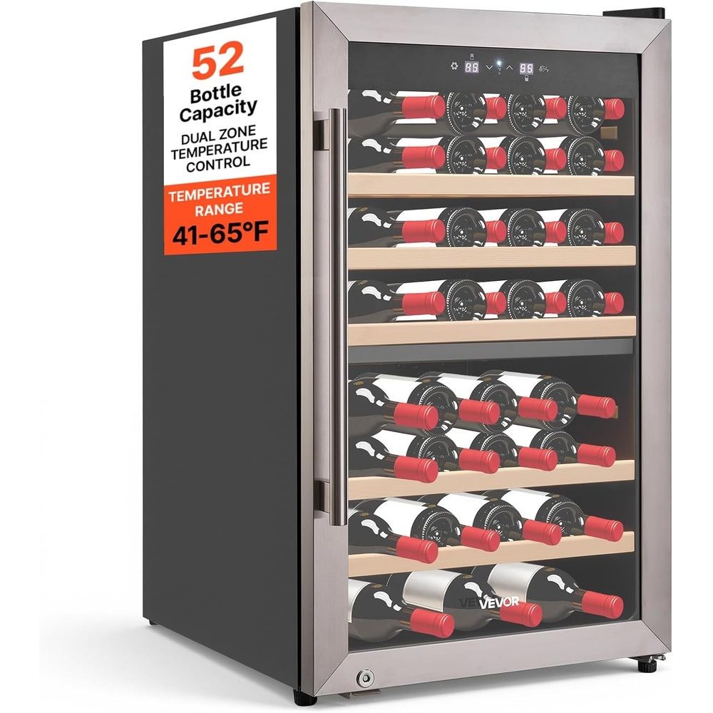 image:imageVEVOR 42 Bottle Wine Fridge Freestanding Wine Cooler Refrigerator Dual Zone Cooler 41 to 65 Adjustable Temp Mini Cellar Glass Door For Home Office Bar Red White Champagne or Sparkling Wines52 bottles