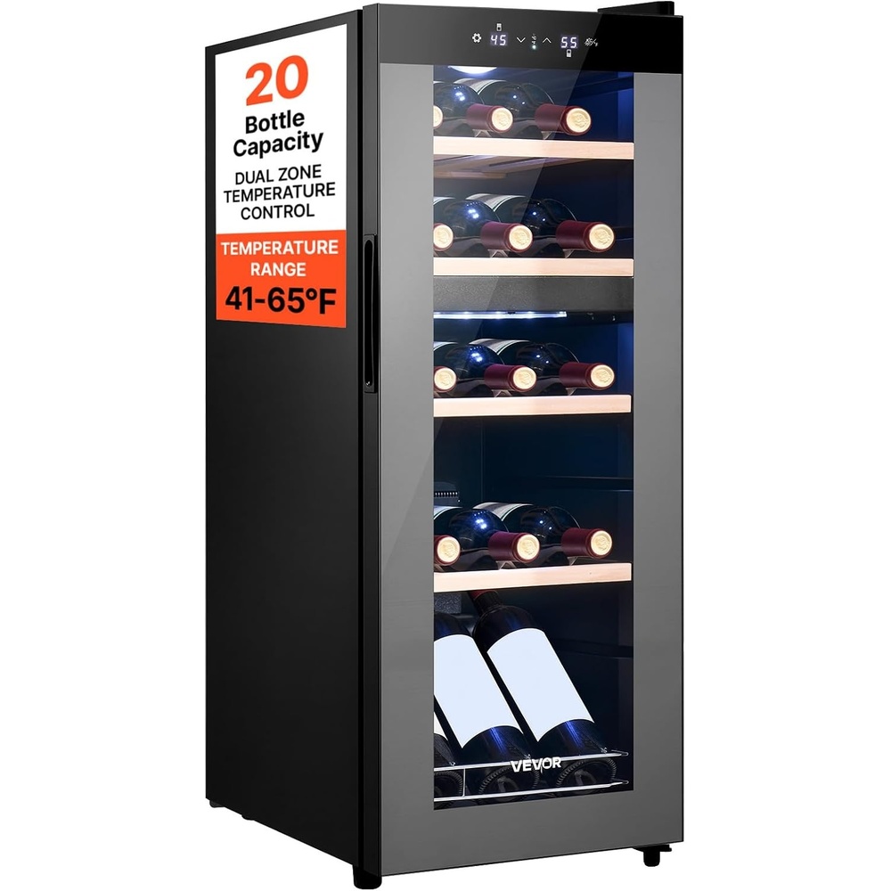 image:imageVEVOR 42 Bottle Wine Fridge Freestanding Wine Cooler Refrigerator Dual Zone Cooler 41 to 65 Adjustable Temp Mini Cellar Glass Door For Home Office Bar Red White Champagne or Sparkling Wines20 bottles