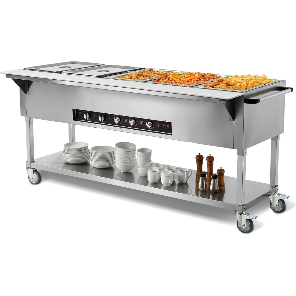image:imageVEVOR 5Pan Commercial Food Warmer 5 x 206QT Electric Steam Table 3750W Professional Buffet Catering Food Warmer with Acrylic Sneeze Guard Food Grade Stainless Steel Server for Party Restaurant5Pan103QT